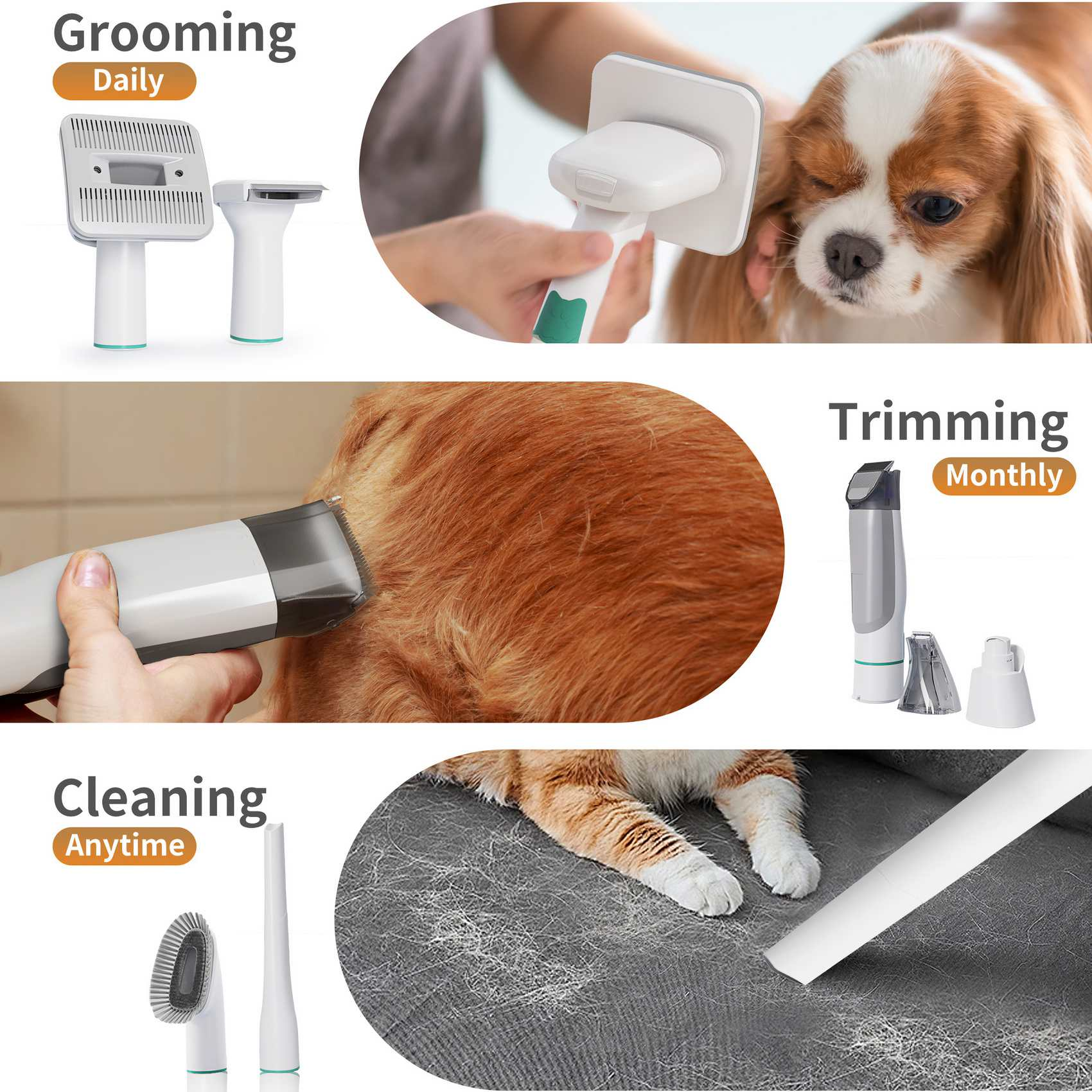 Das Bild zeigt Werkzeuge zur Fellpflege von Haustieren: Bürste, Trimmer und Reinigungswerkzeuge. Es zeigt auch einen Hund, der gepflegt wird.