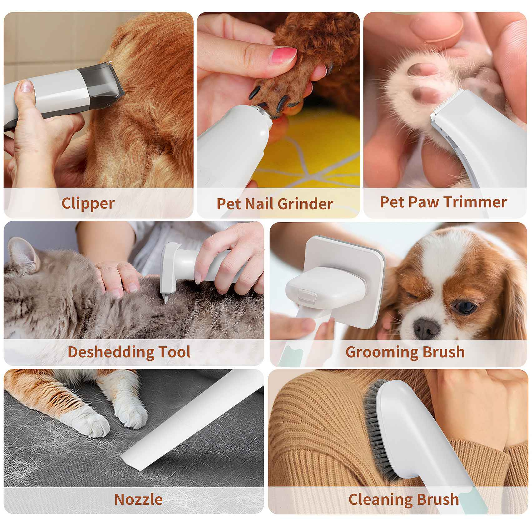 Das Bild zeigt verschiedene Werkzeuge für die Tierpflege: Schermaschine, Nagel-Grinder, Pfoten-Trimmer, Entfilzungswerkzeug, Bürste, Düse und Reinigungsbürste.