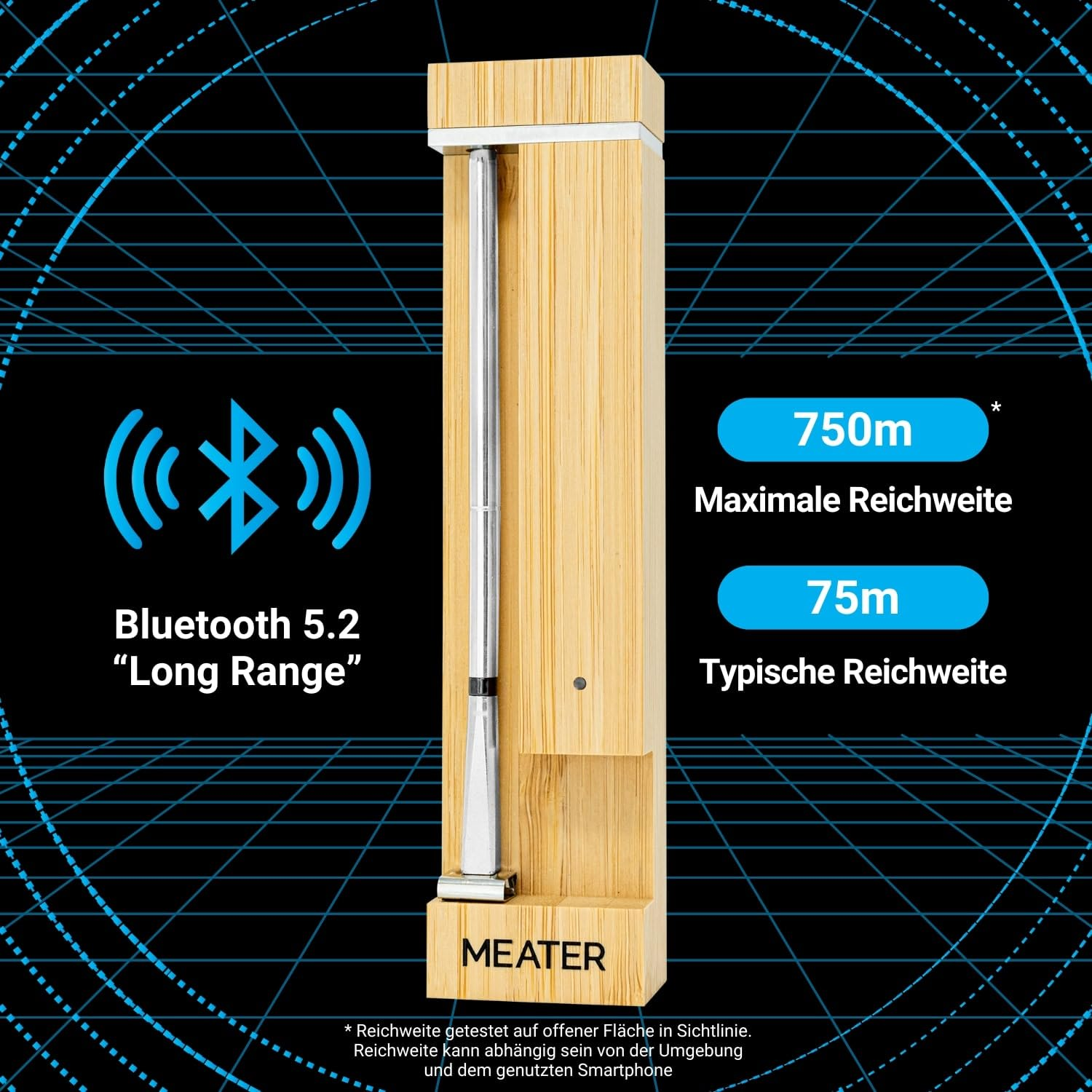 Un appareil en bois avec une sonde métallique, symbole Bluetooth et détails de portée (750m/75m) sur fond sombre avec des lignes bleues.