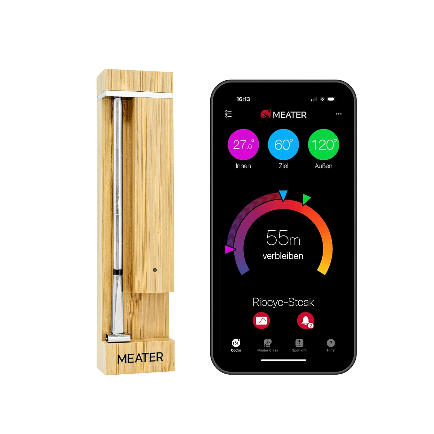 Un appareil MEATER en bois et un smartphone affichant les relevés de température. L'écran du téléphone montre la progression de la cuisson du Ribeye-Steak.
