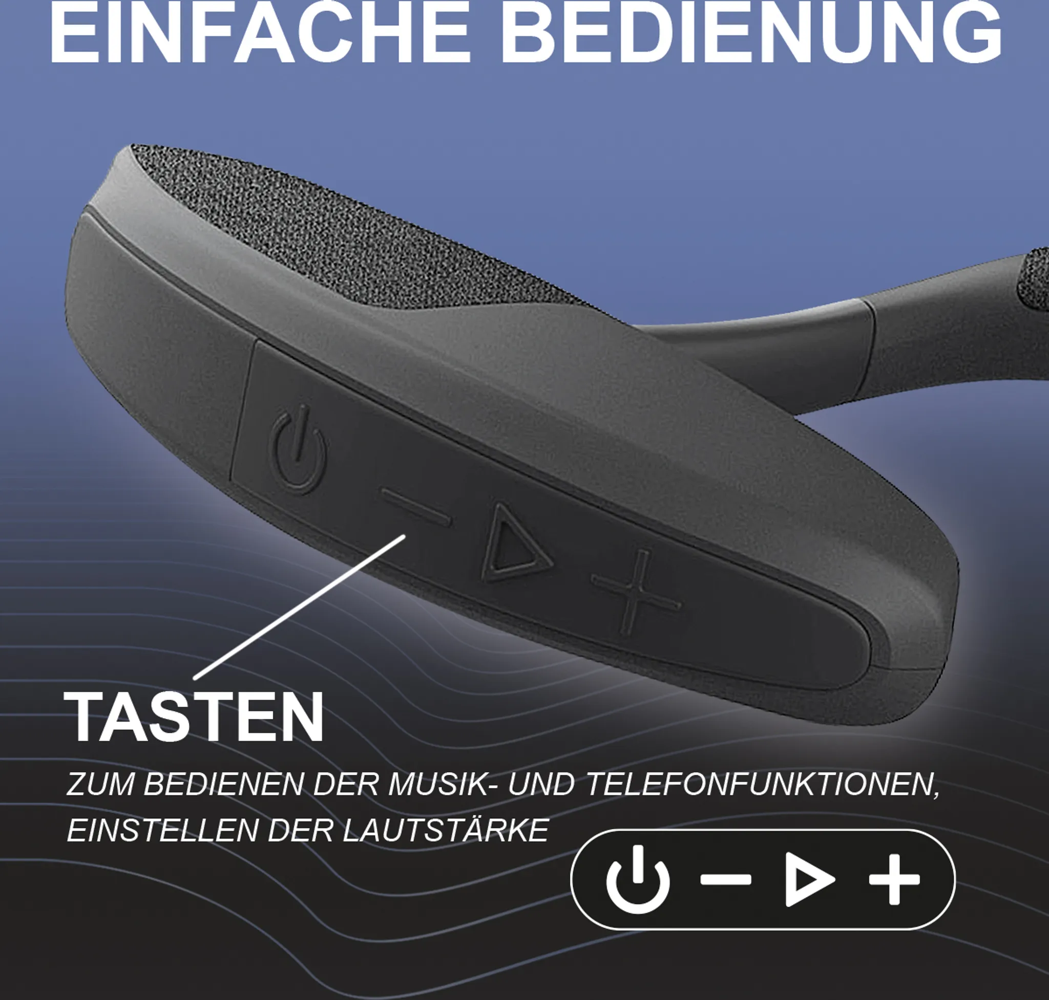 Schwarzes Headset mit Tasten für Strom, Lautstärke und Wiedergabe, vor blauem Hintergrund mit Farbverlauf. Text in Deutsch.