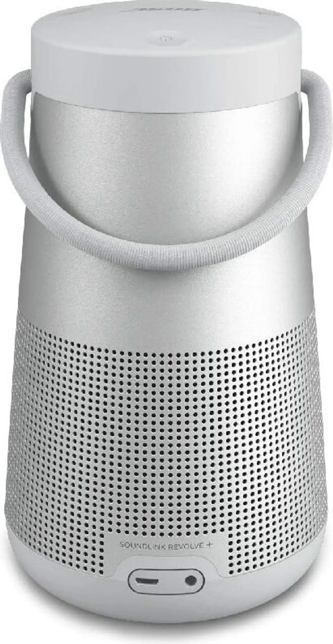 Ein silberner Bose Soundlink Revolve+ Lautsprecher. Er hat einen Griff, einen perforierten Körper und eine weiße Ober- und Unterseite.
