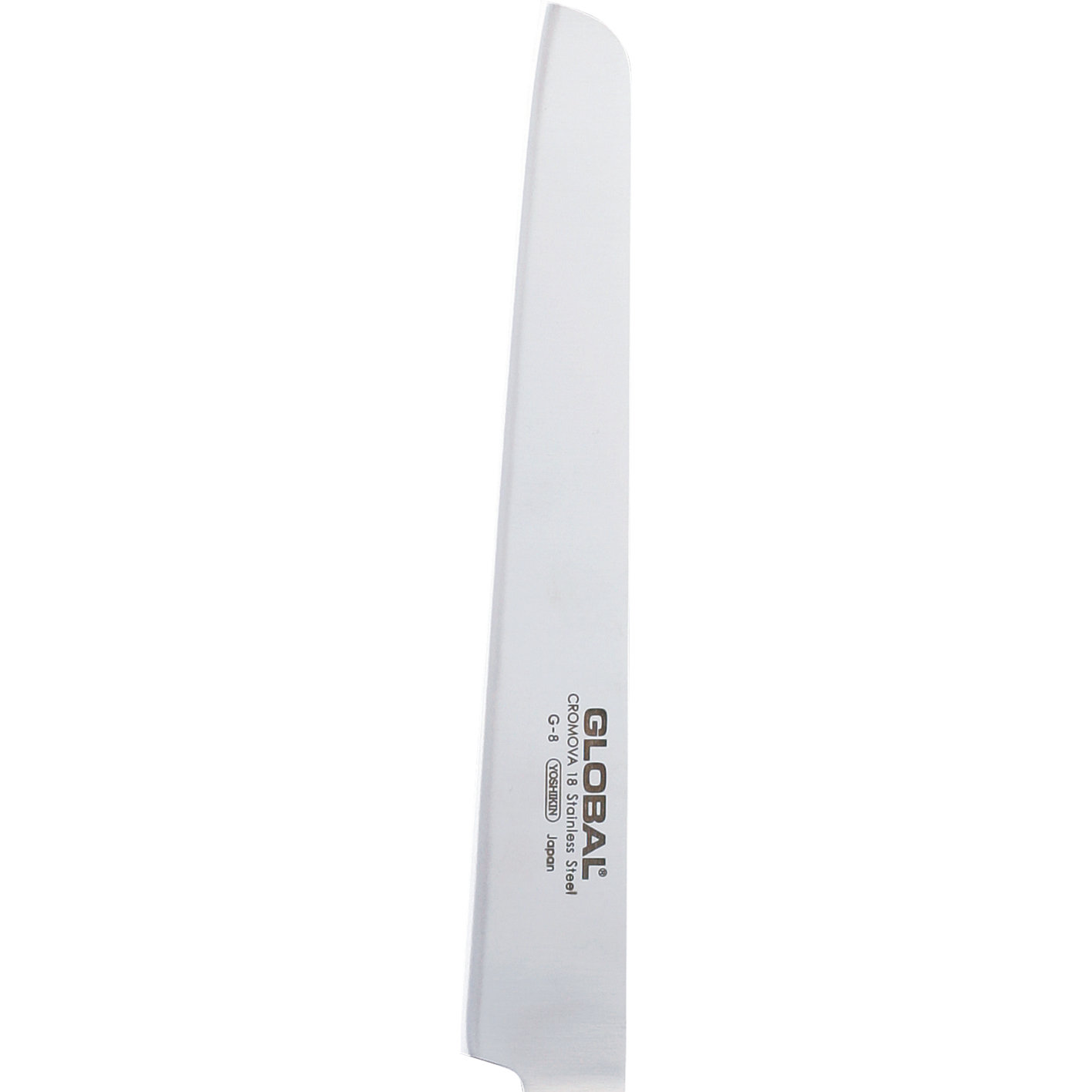 Ein Edelstahlmesser GLOBAL G-8. Die Klinge ist sichtbar mit Text: Cromova 18 Stainless Steel, Yoshikin Japan.