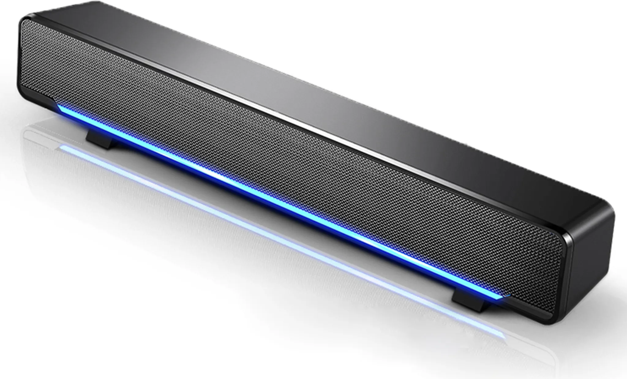 Eine schwarze Soundbar mit einem Maschennetz, blauem LED-Streifen und einer reflektierenden Oberfläche.