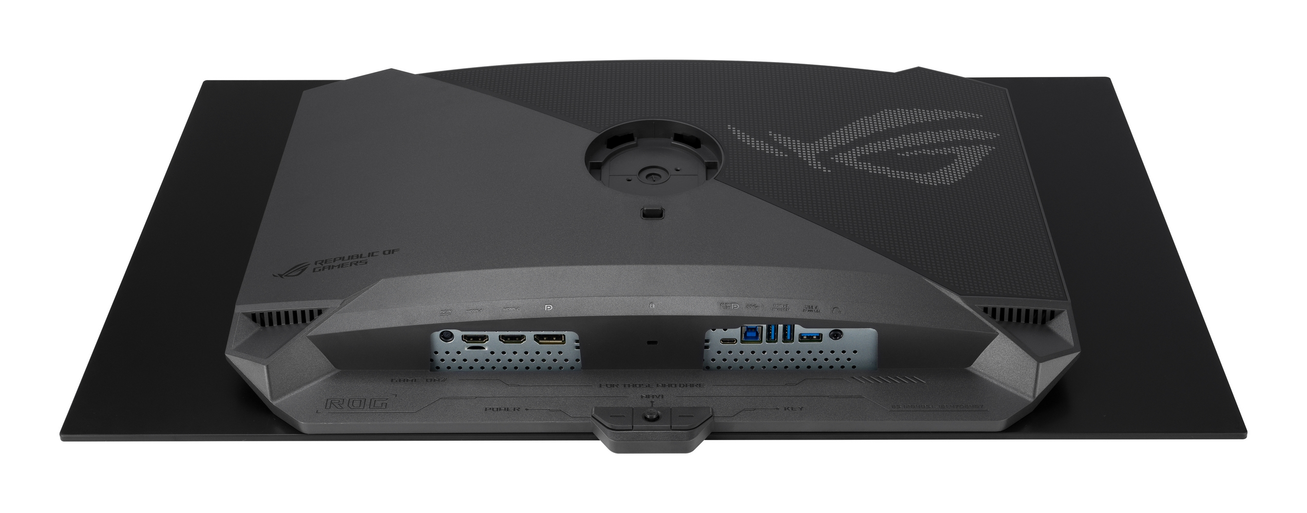 Tył czarnego monitora z portami. Ma logo ROG i napis "Republic of Gamers".