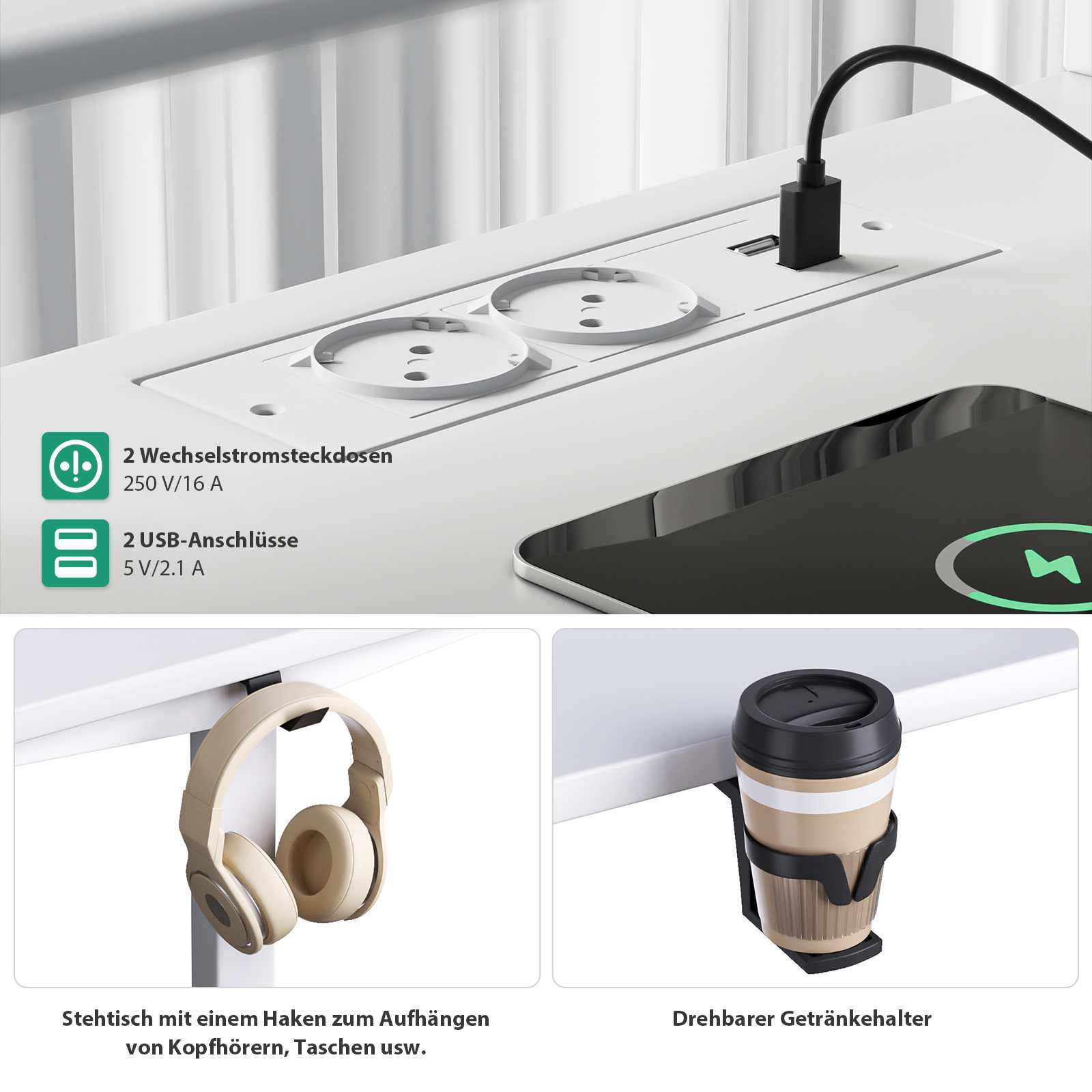 Ein weißer Schreibtisch mit Steckdosen, USB-Anschlüssen und einem kabellosen Ladepad. Kopfhörer und ein Becherhalter sind sichtbar.