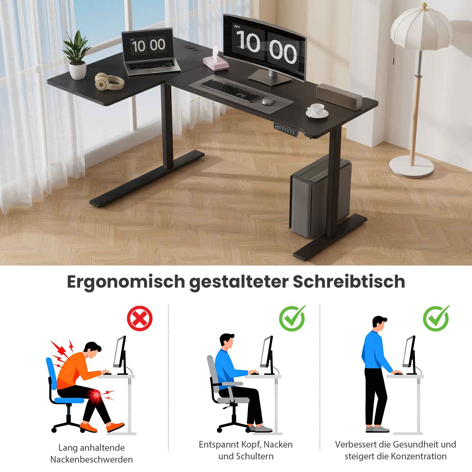 Ein ergonomischer schwarzer Schreibtisch mit zwei Monitoren, Laptop, Kopfhörern und Diagrammen zu Haltung und Gesundheit.