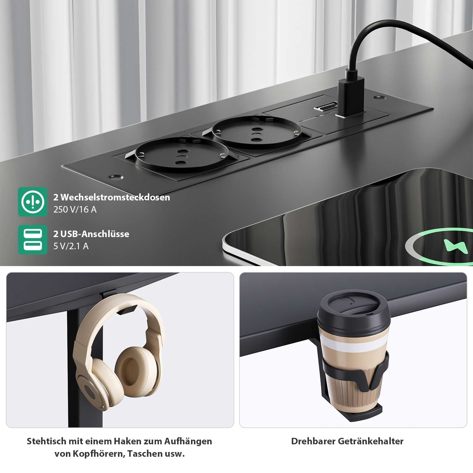 Ein Schreibtisch mit Steckdosen, USB-Anschlüssen, einem Kopfhörerhaken und einem Getränkehalter. Der Schreibtisch ist schwarz.