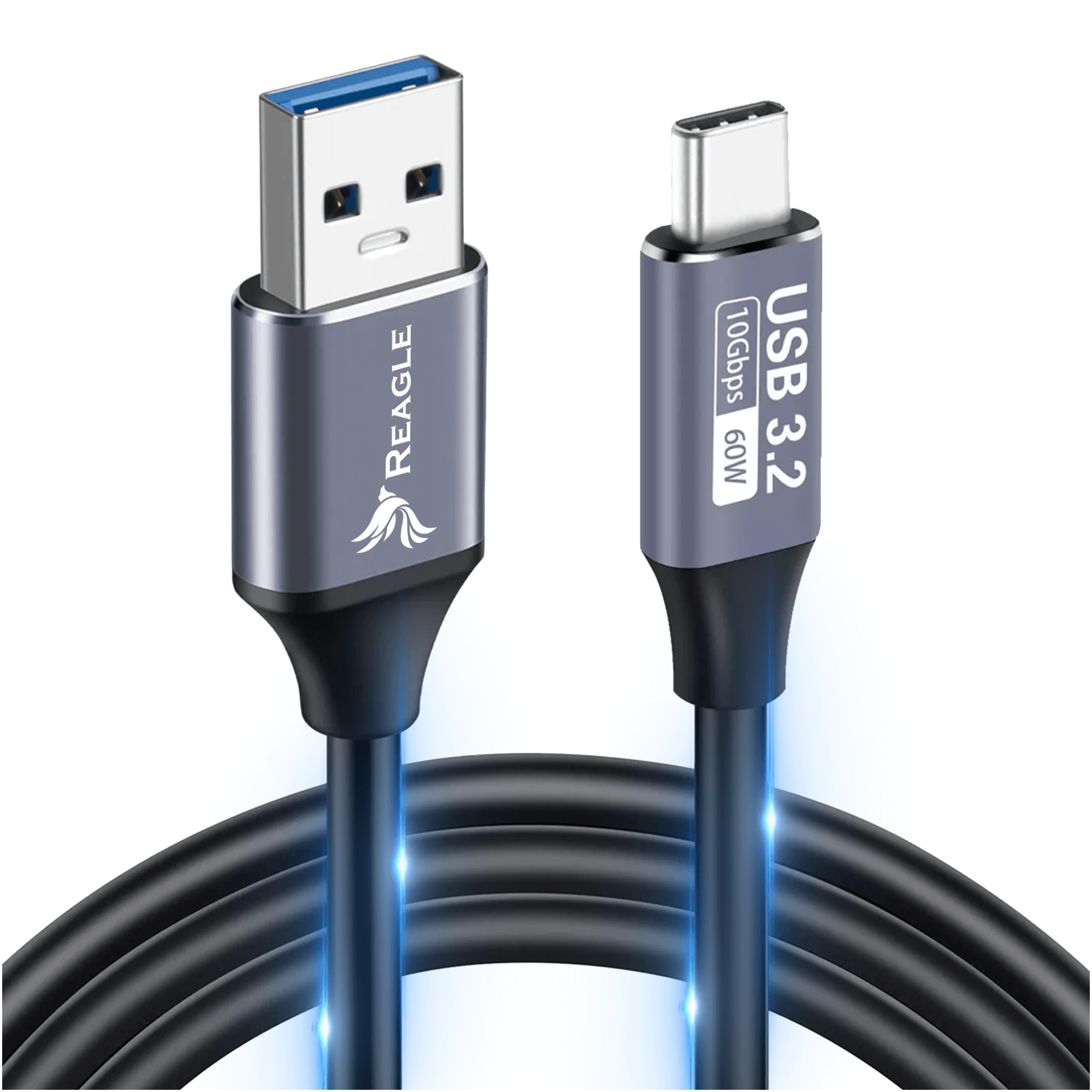 Kabel USB-C do USB. Jeden koniec to USB-A, drugi to USB-C. Kabel jest czarny ze srebrnymi złączami i białym tłem.