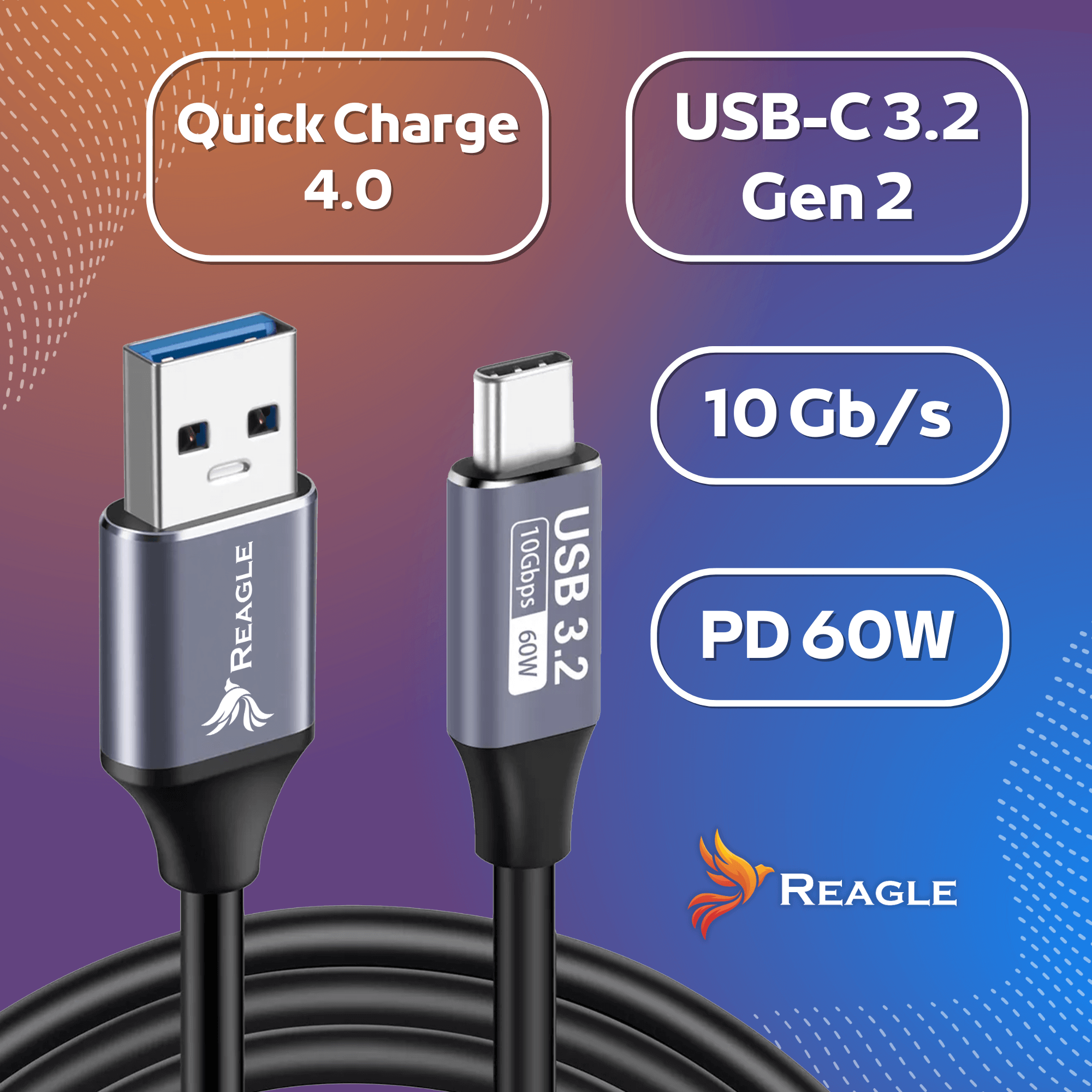Obraz kabla USB-C z marką i szczegółami specyfikacji: Quick Charge 4.0, USB 3.2, 10 Gb/s i PD 60W.