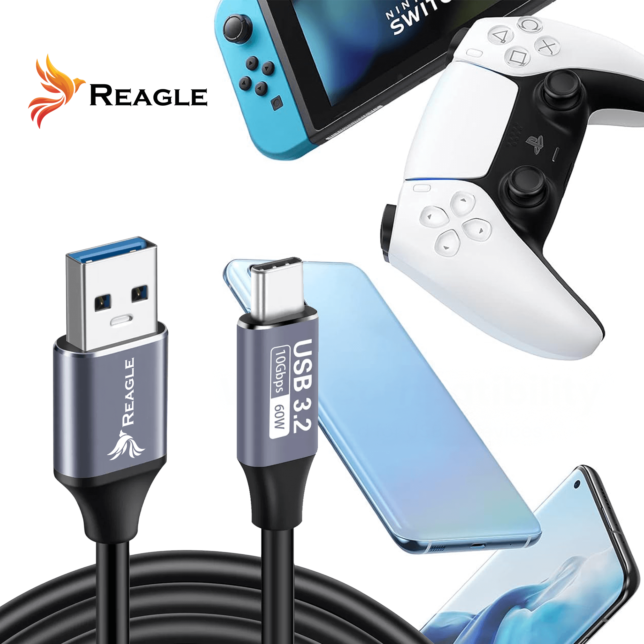 Obraz z kablami USB, kontrolerami Switch i PS5 oraz smartfonami. Kable są oznaczone jako USB 3.2. Obecne logo Reagle.