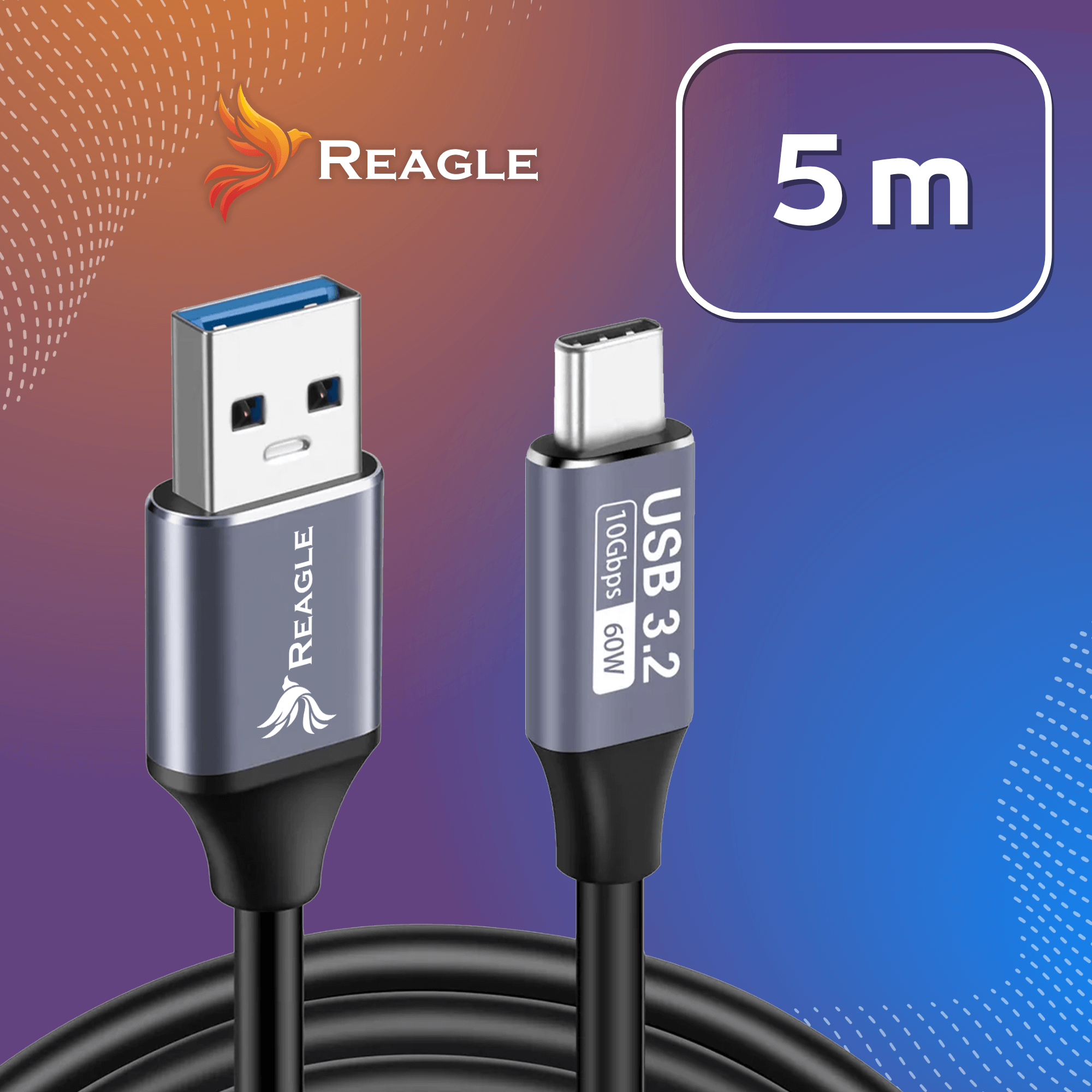 Kabel USB 3.2 z wtykami USB-A i USB-C, o długości 5 m. Marka to Reagle. Tło w odcieniach niebieskiego i fioletowego.