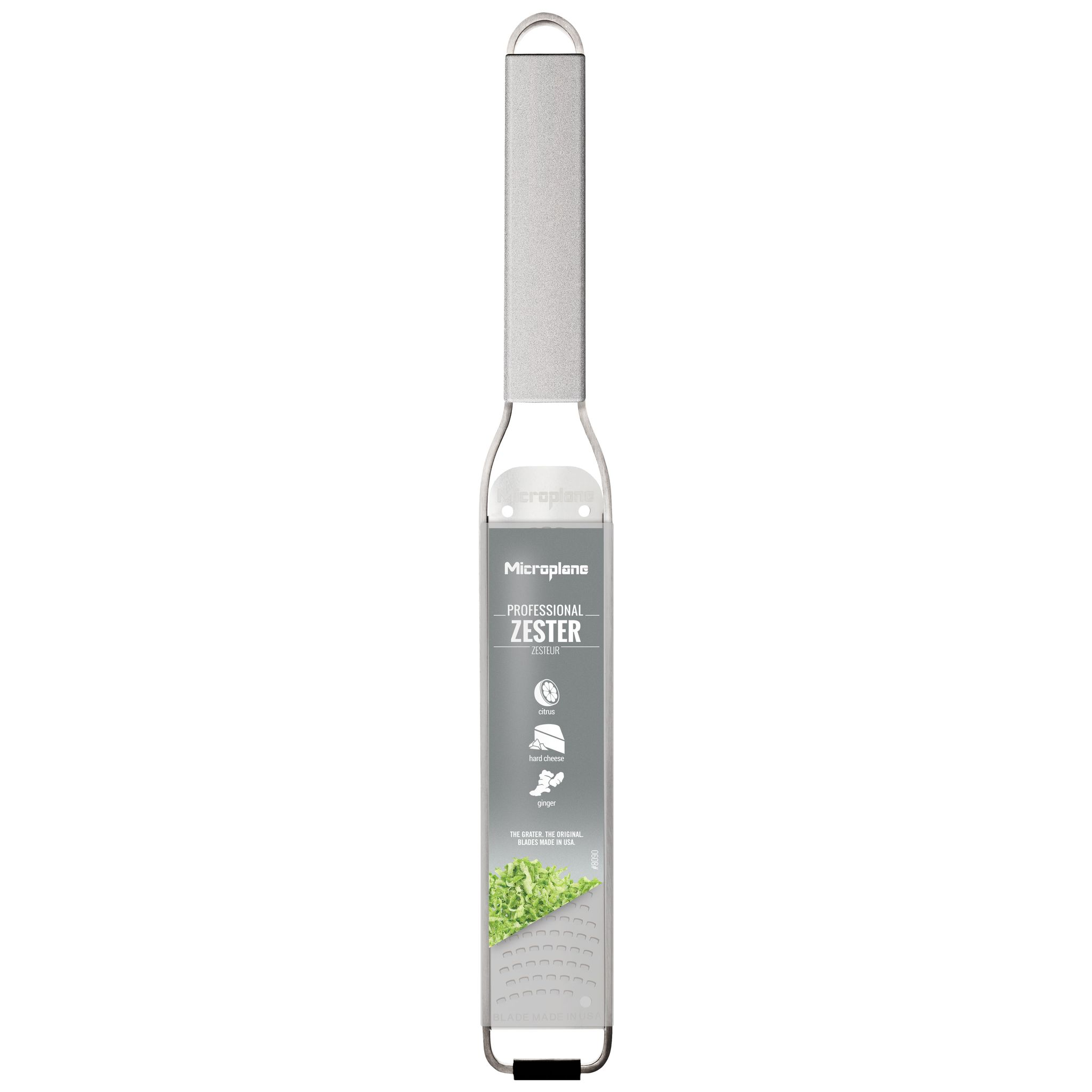 Ein Microplane Professional Zester-Reibeisen mit silbernem Griff und Klinge für Zitrusfrüchte, Hartkäse und Ingwer.
