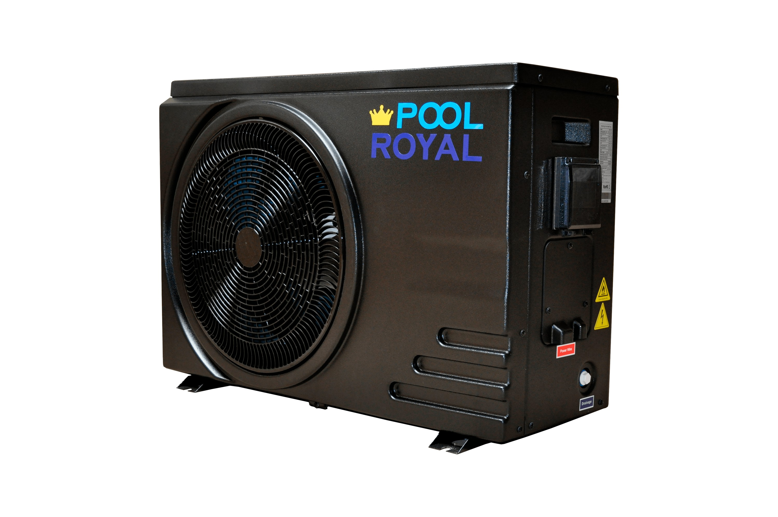 Eine schwarze, rechteckige Pool Royal Wärmepumpe. Sie hat einen großen kreisförmigen Lüfter und blauen Text.