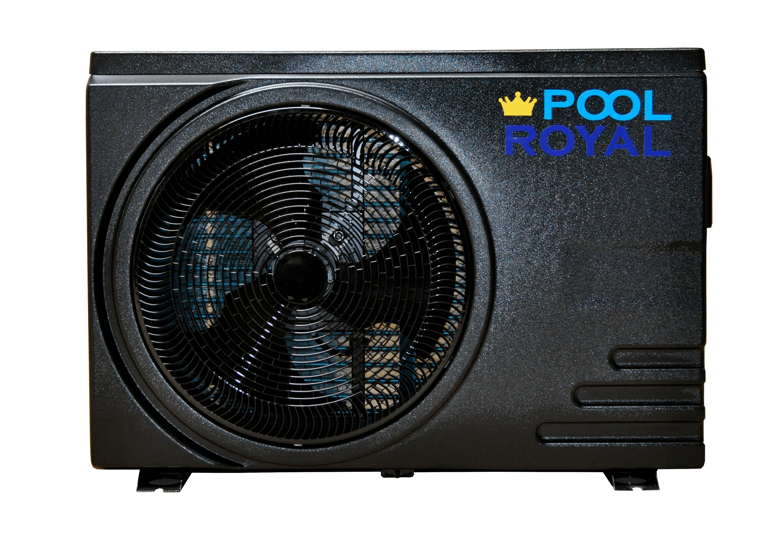 Eine schwarze Pool-Wärmepumpe mit einem Ventilator in der Mitte. Der Markenname 'POOL ROYAL' ist blau sichtbar.