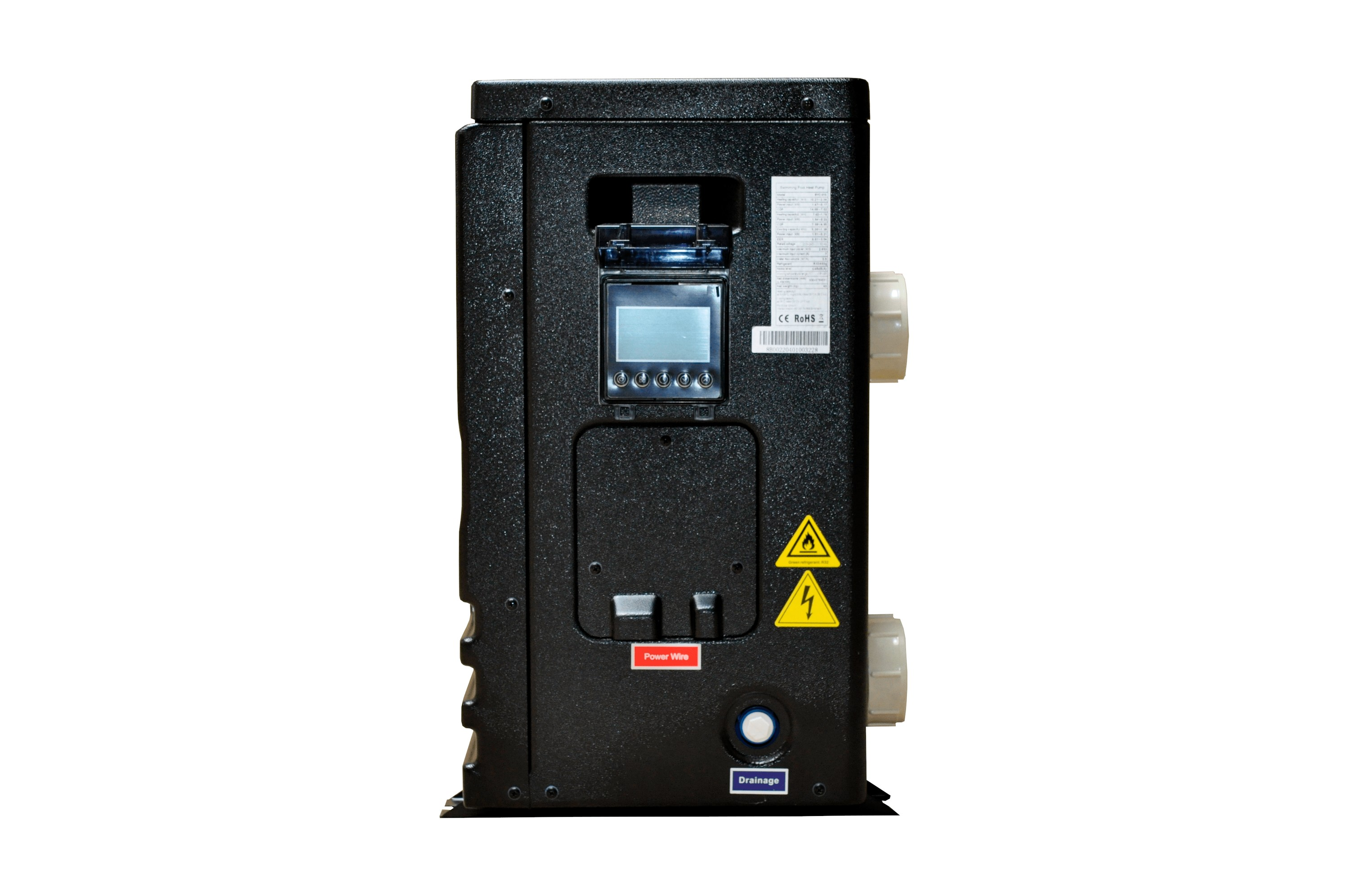 Eine schwarze Wärmepumpe mit Digitalanzeige, Warnschildern und Anschlüssen, isoliert vor weißem Hintergrund.