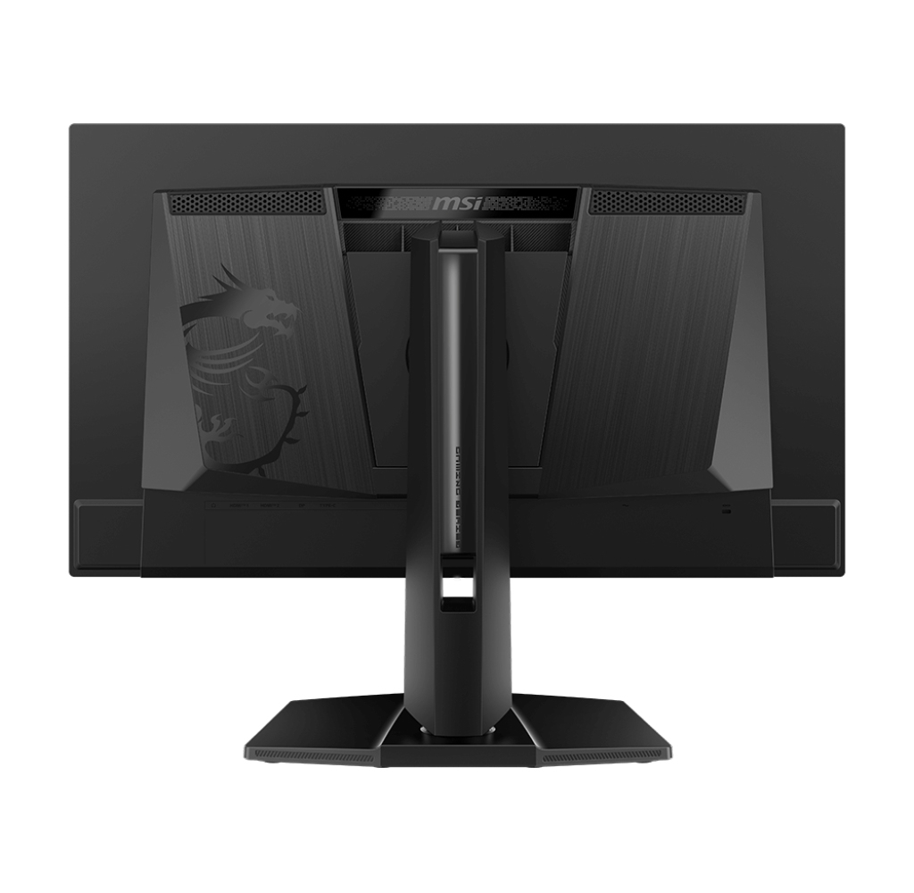 Tył czarnego monitora MSI, ze stojakiem. Posiada logo MSI, emblemat smoka i różne porty.
