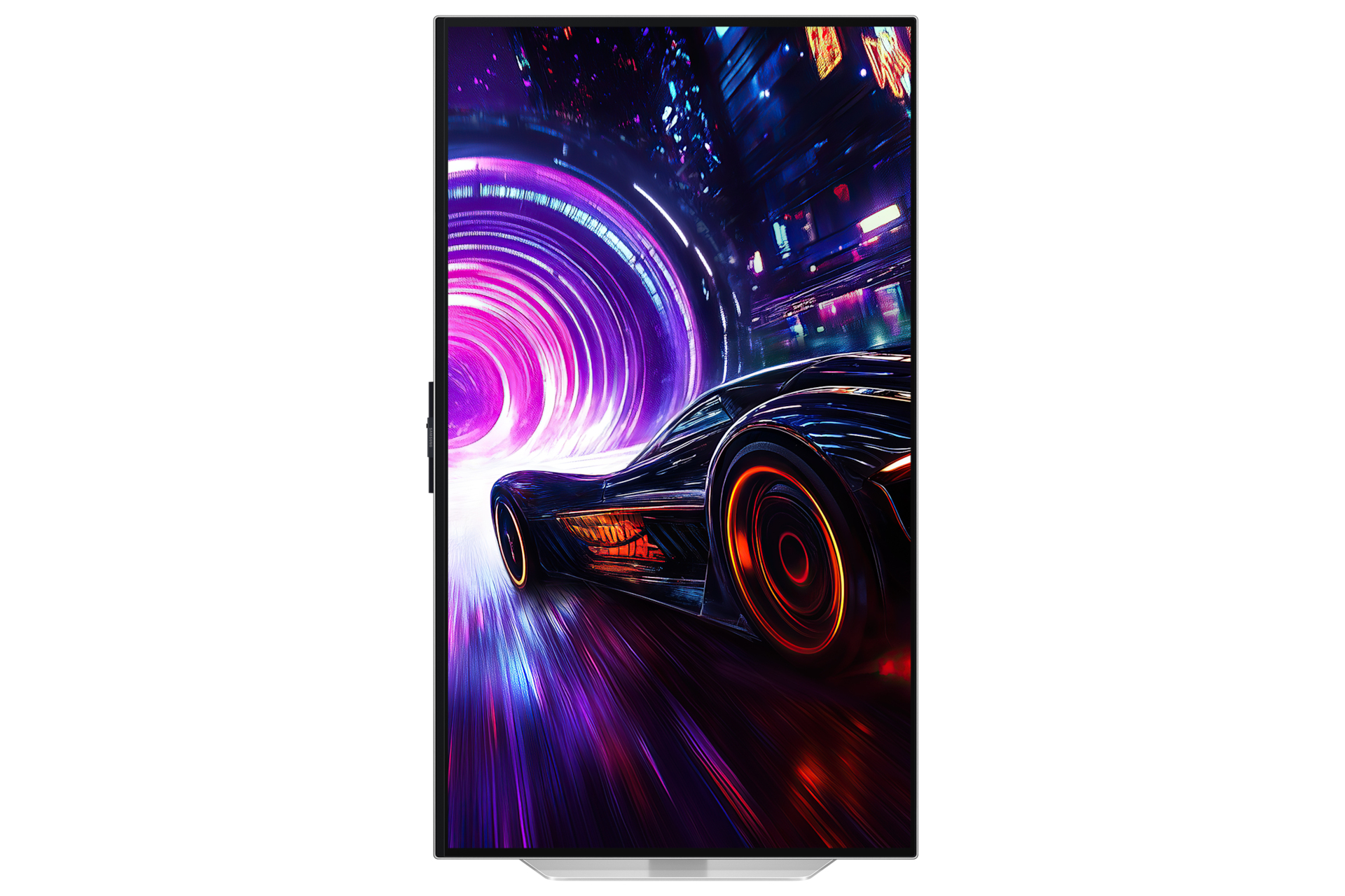 Un moniteur affiche une voiture futuriste courant dans un tunnel éclairé au néon. La voiture est noire avec des détails orange, et le tunnel brille en violet.