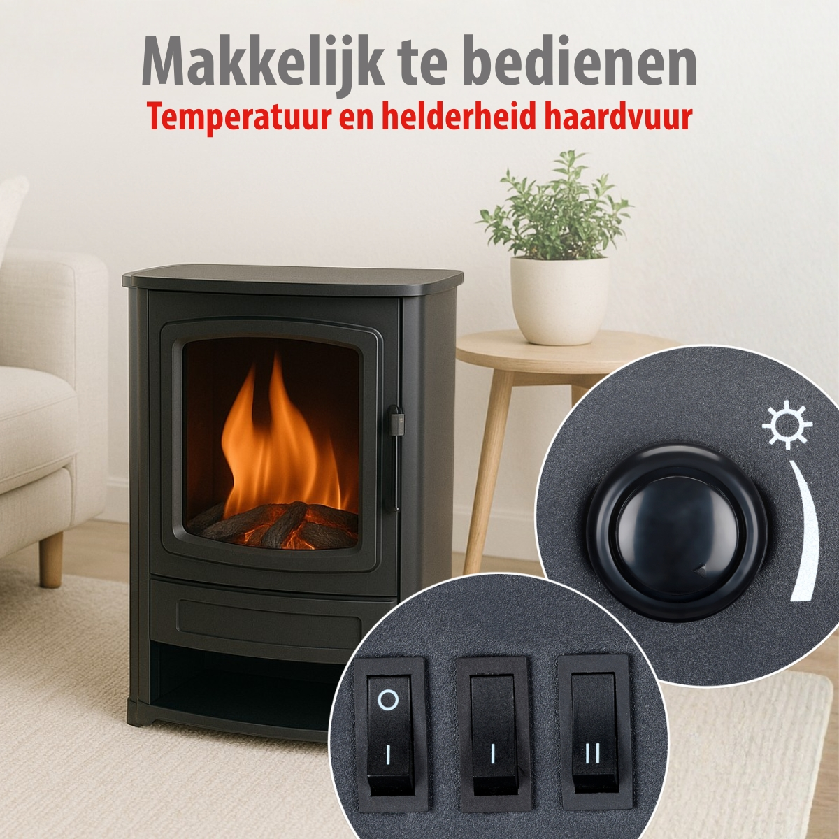 Een zwarte elektrische haard met vlameffect. Details van de bedieningselementen worden getoond, inclusief schakelaars en een draaiknop.