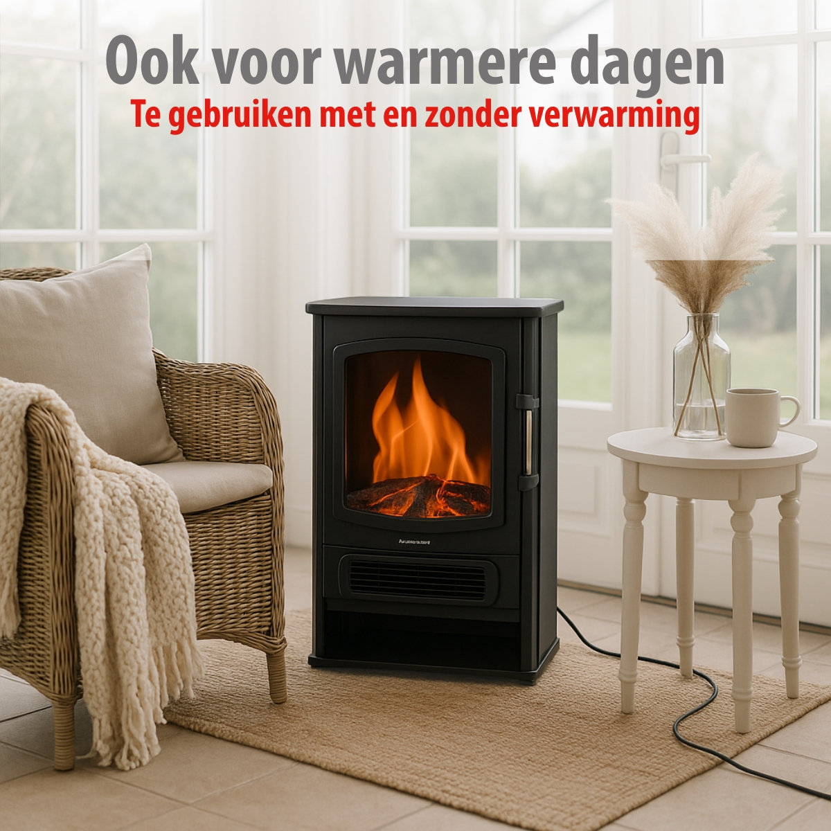 Een zwarte open haard met vlammen in een kamer. Een stoel met een deken, een tafel met een mok en een raam op de achtergrond.