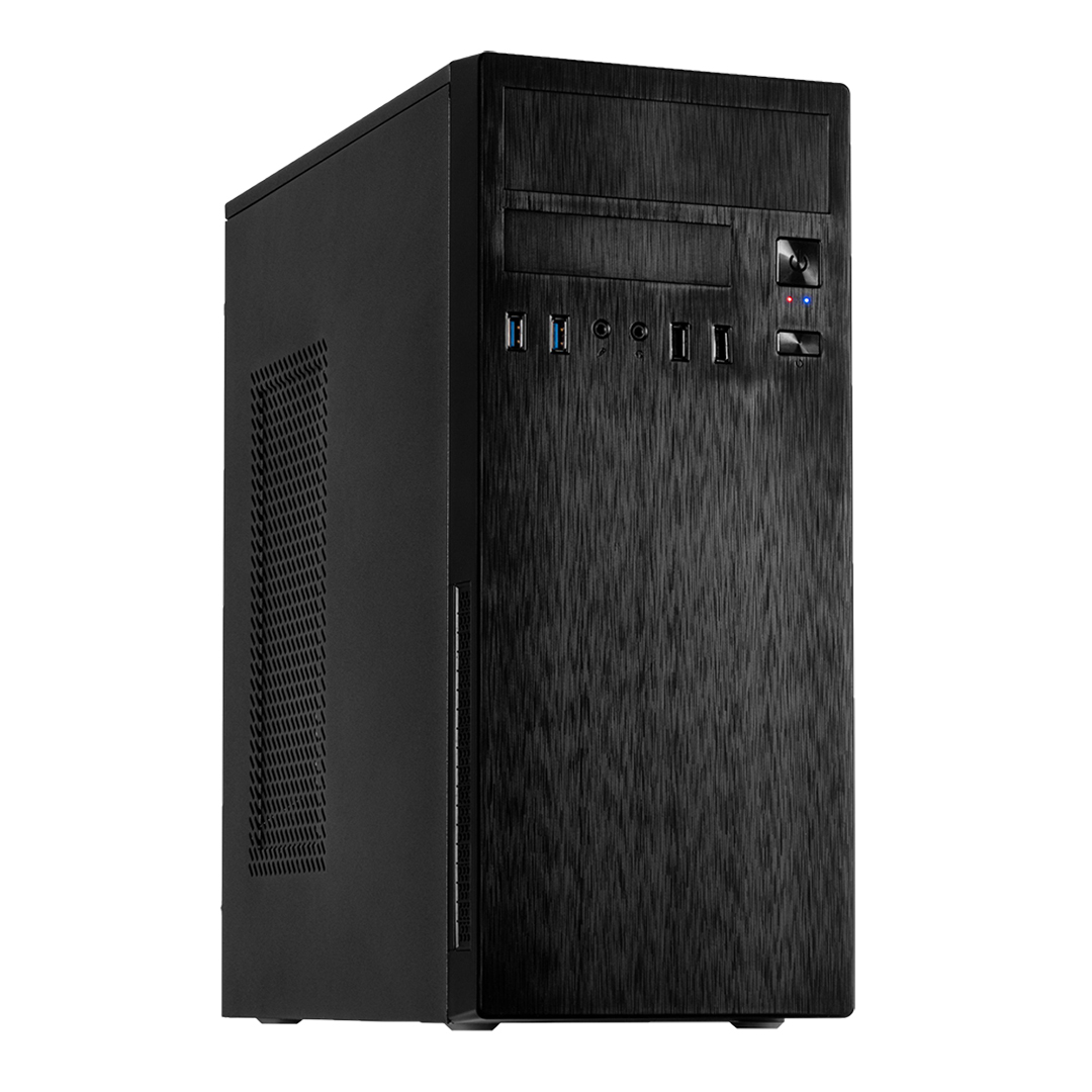 Schwarzes Computergehäuse mit strukturierter Frontplatte. Es hat Anschlüsse, Knöpfe und eine Lüftung an der Seite. Der Hintergrund ist schlicht weiß.