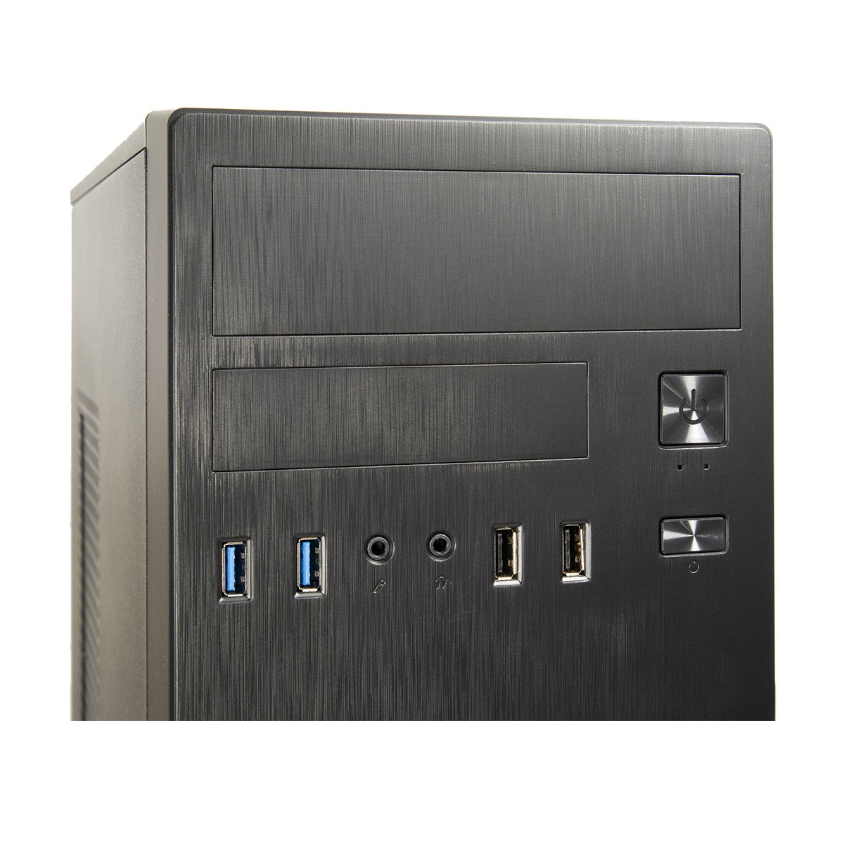 Ein dunkelgraues Computergehäuse. Es hat USB-Anschlüsse, Audiobuchsen und Power-Tasten auf der Vorderseite. Der Hintergrund ist weiß.