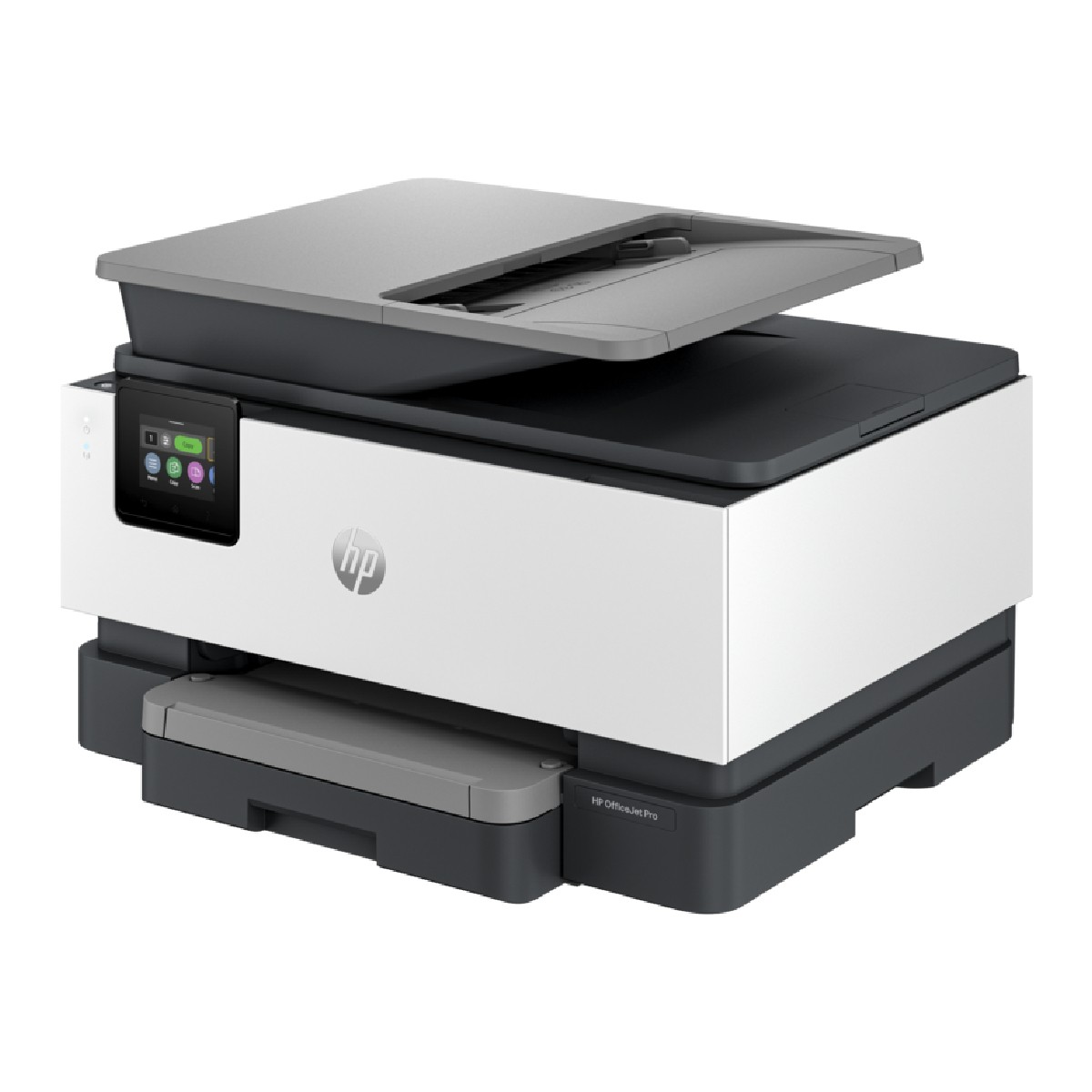 Una impresora HP OfficeJet Pro. La tapa está abierta. Tiene un cuerpo blanco y negro con un panel de control y el logotipo de HP.