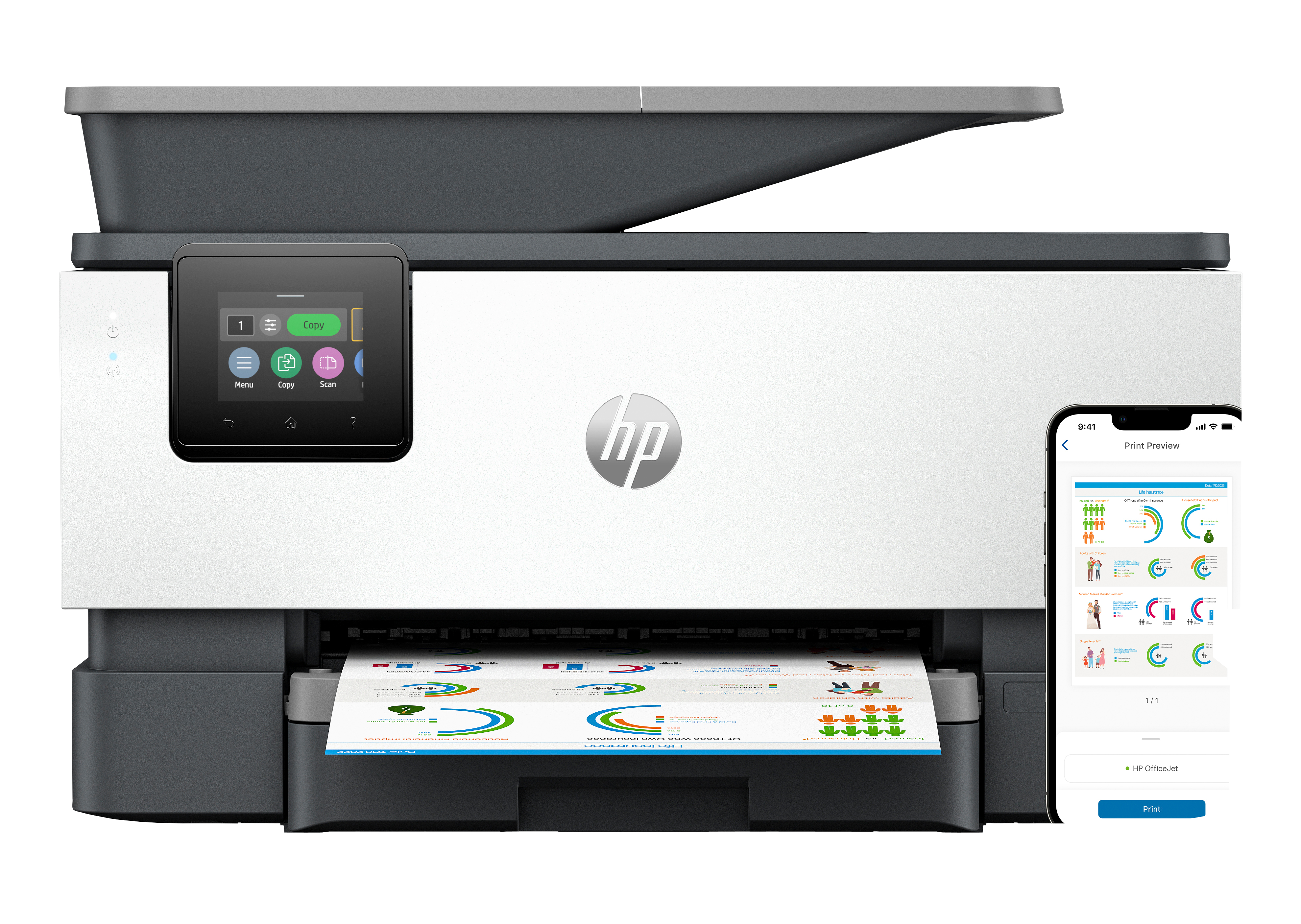Una impresora HP blanca con pantalla, imprimiendo un documento. Un teléfono muestra una vista previa de impresión.