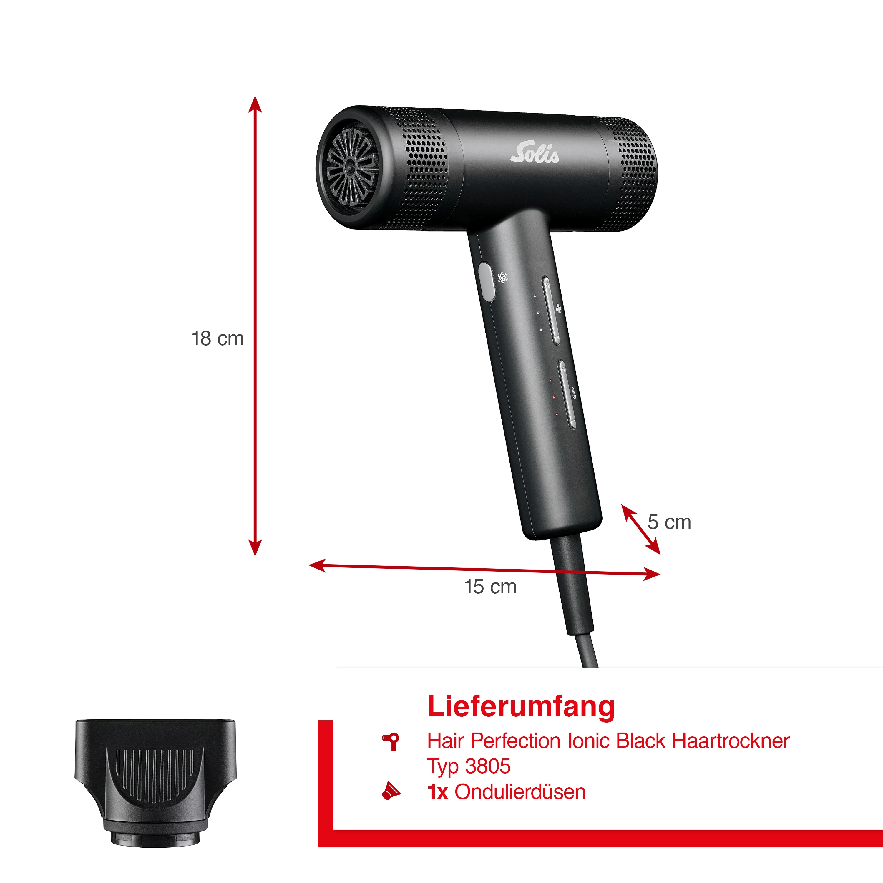 Schwarzer Solis-Haartrockner mit Maßangaben. Enthält eine Düse und Text zum Produkt.