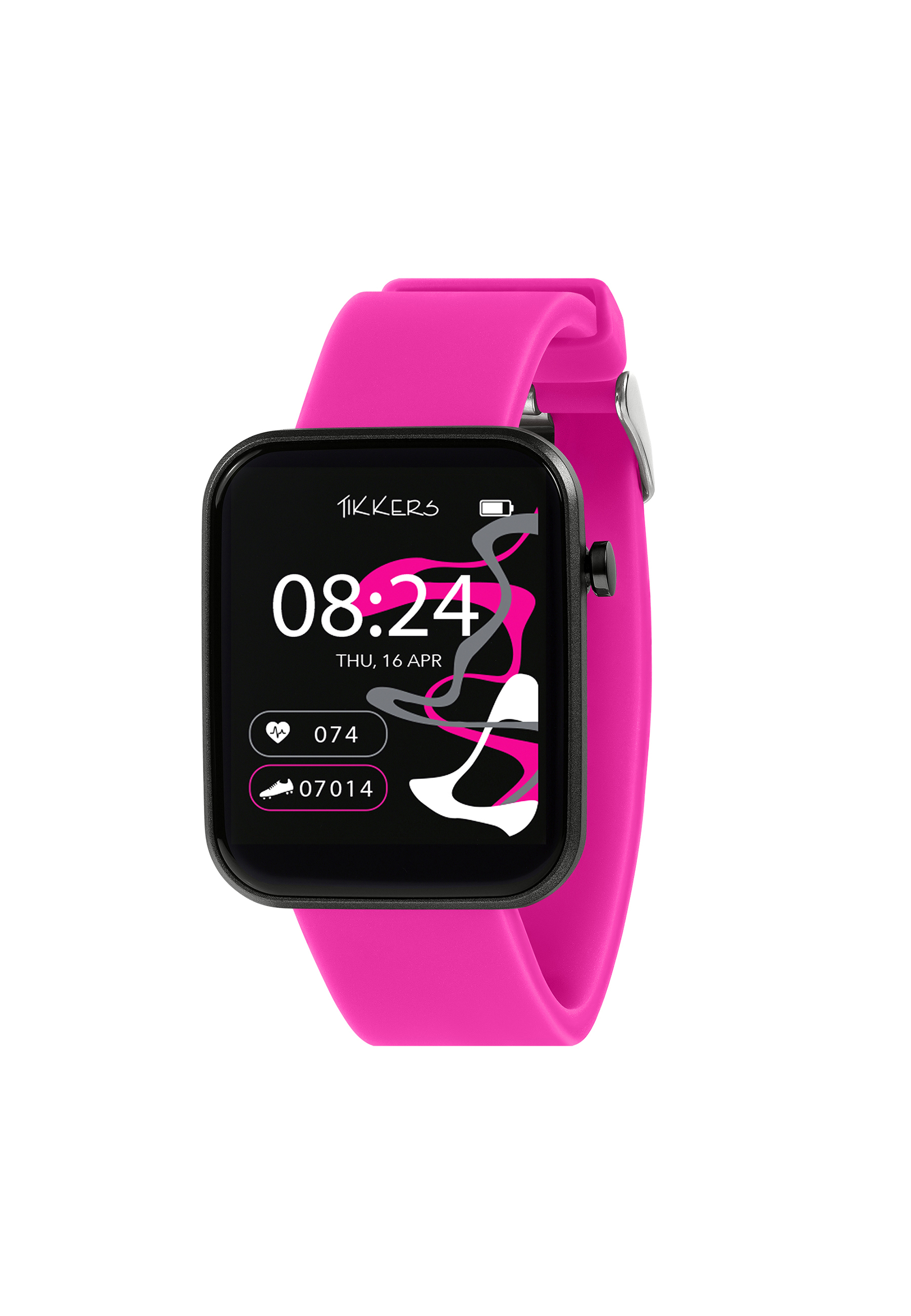 Eine pinkfarbene Smartwatch zeigt Uhrzeit, Datum und Fitnessdaten an. Die Uhr hat ein pinkes Armband und einen schwarzen Bildschirm.