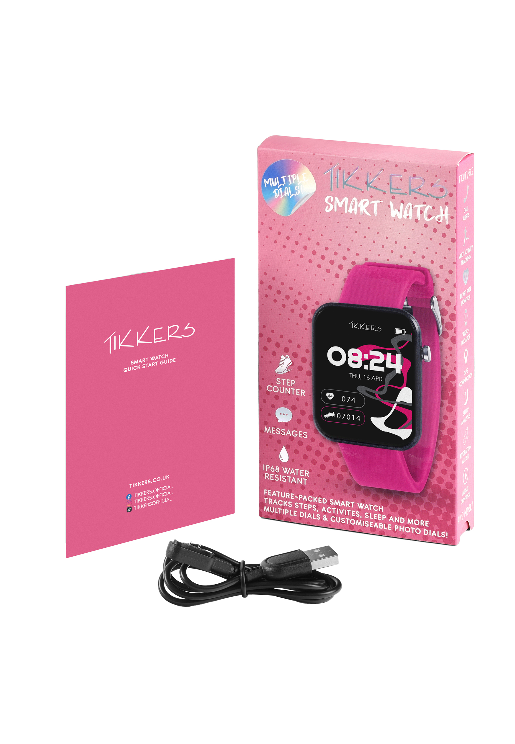 Eine Smartwatch-Box und -Anleitung befinden sich neben der Uhr. Unten befindet sich ein USB-Kabel. Die Uhr ist rosa und schwarz.