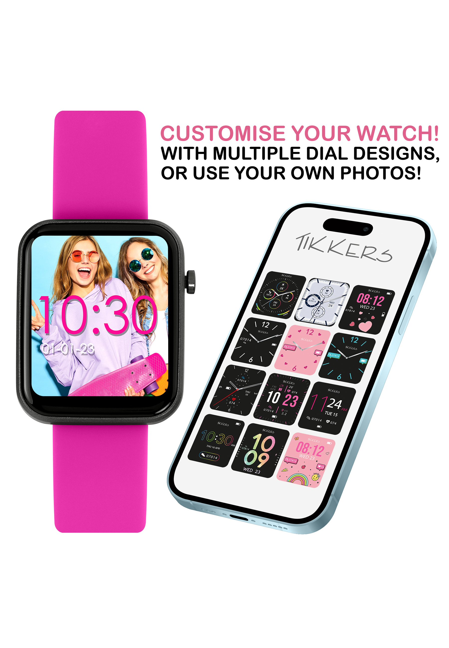 Smartwatch mit pinkfarbenem Armband. Das Zifferblatt zeigt die Zeit. Ein Telefon zeigt verschiedene Zifferblätter.