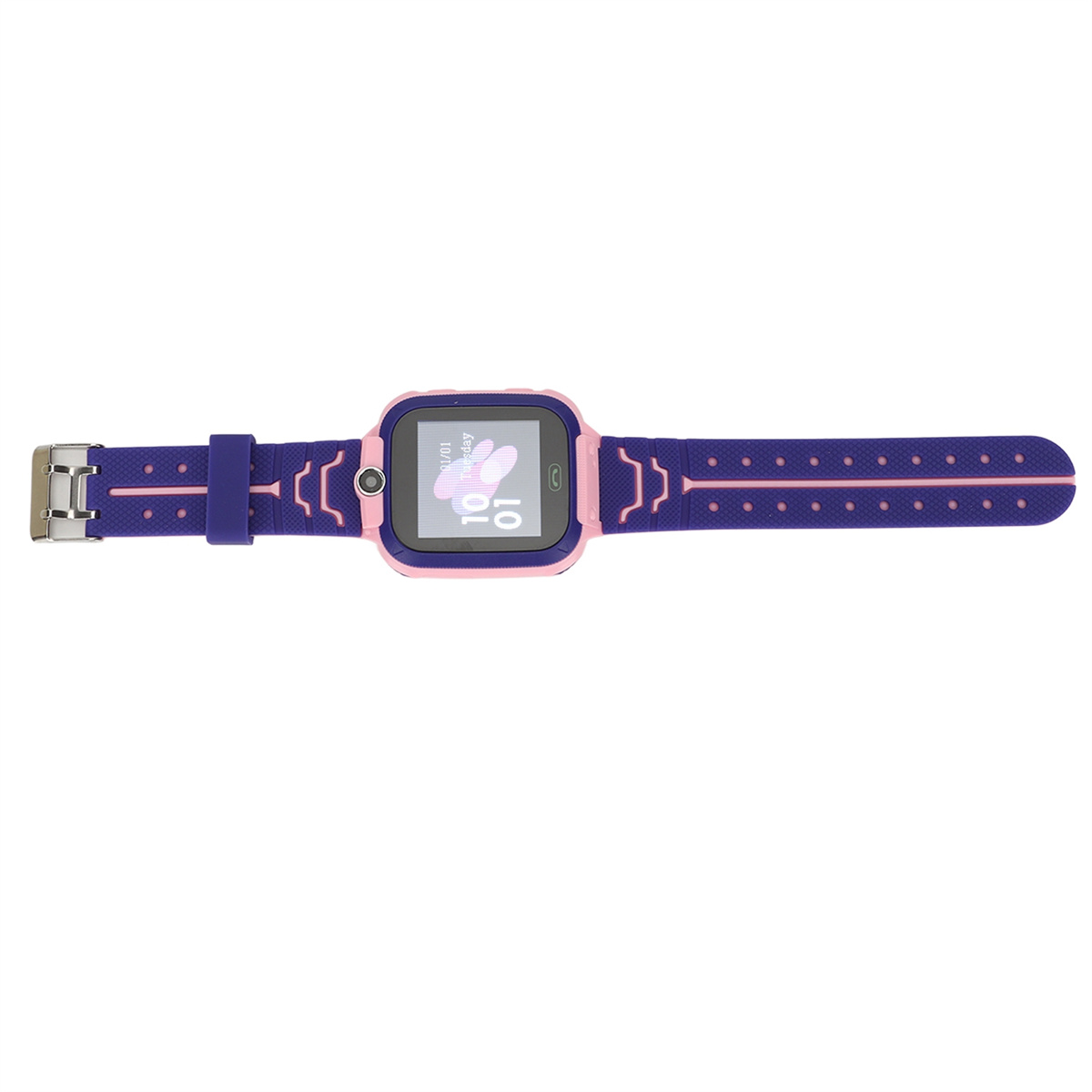Eine rosa und blaue Smartwatch liegt flach auf einer weißen Oberfläche. Die Uhr zeigt einen Bildschirm mit einem Handsymbol.
