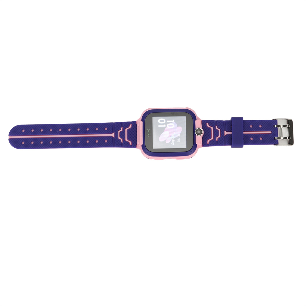 Eine rosa-blaue Smartwatch auf weißem Hintergrund. Die Uhr zeigt die Zeit an. Das Armband ist blau mit rosa Akzenten und einer silbernen Schnalle.