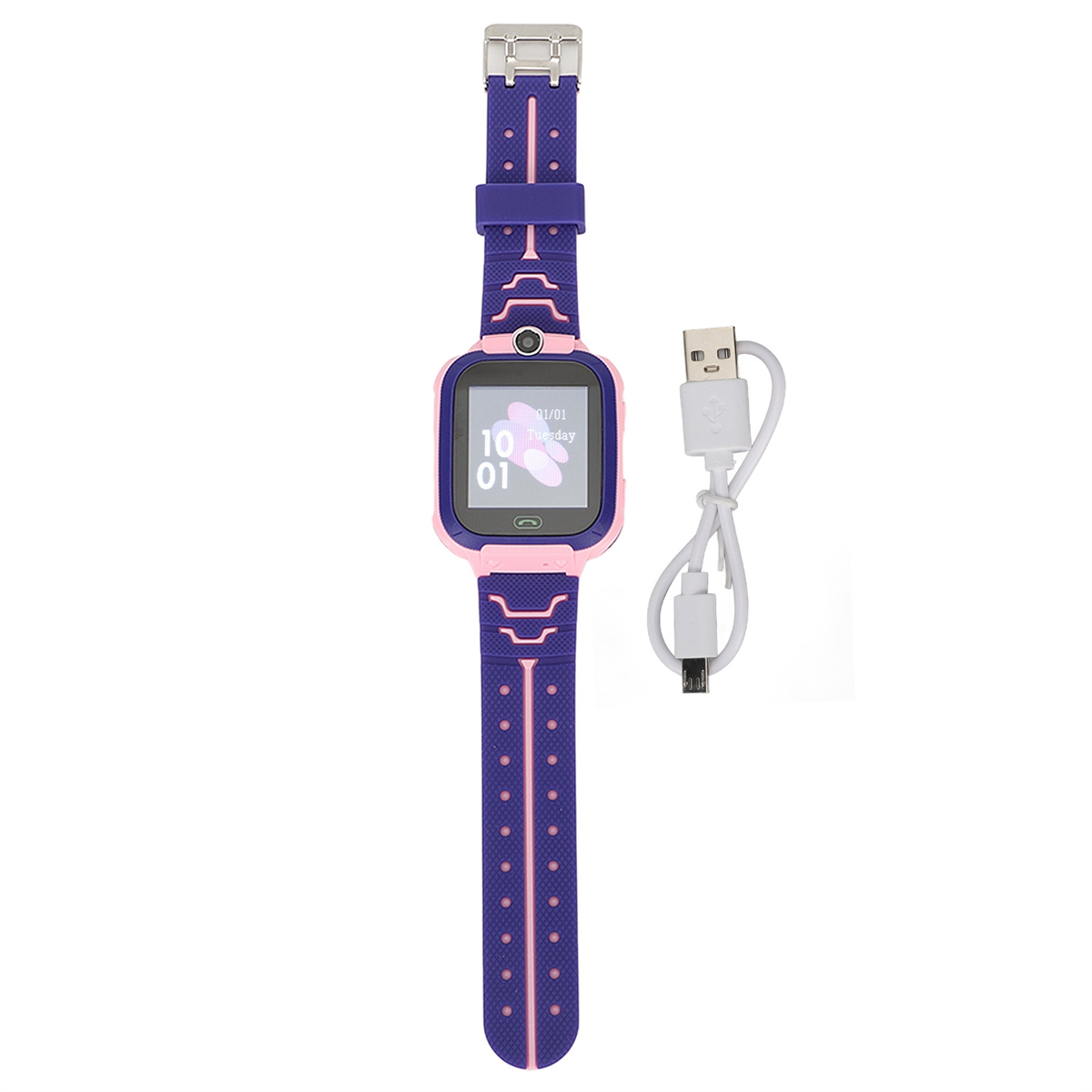 Eine Smartwatch mit rosa und blauem Design, einem weißen Ladekabel und einem Digitaldisplay mit Datum und Uhrzeit.