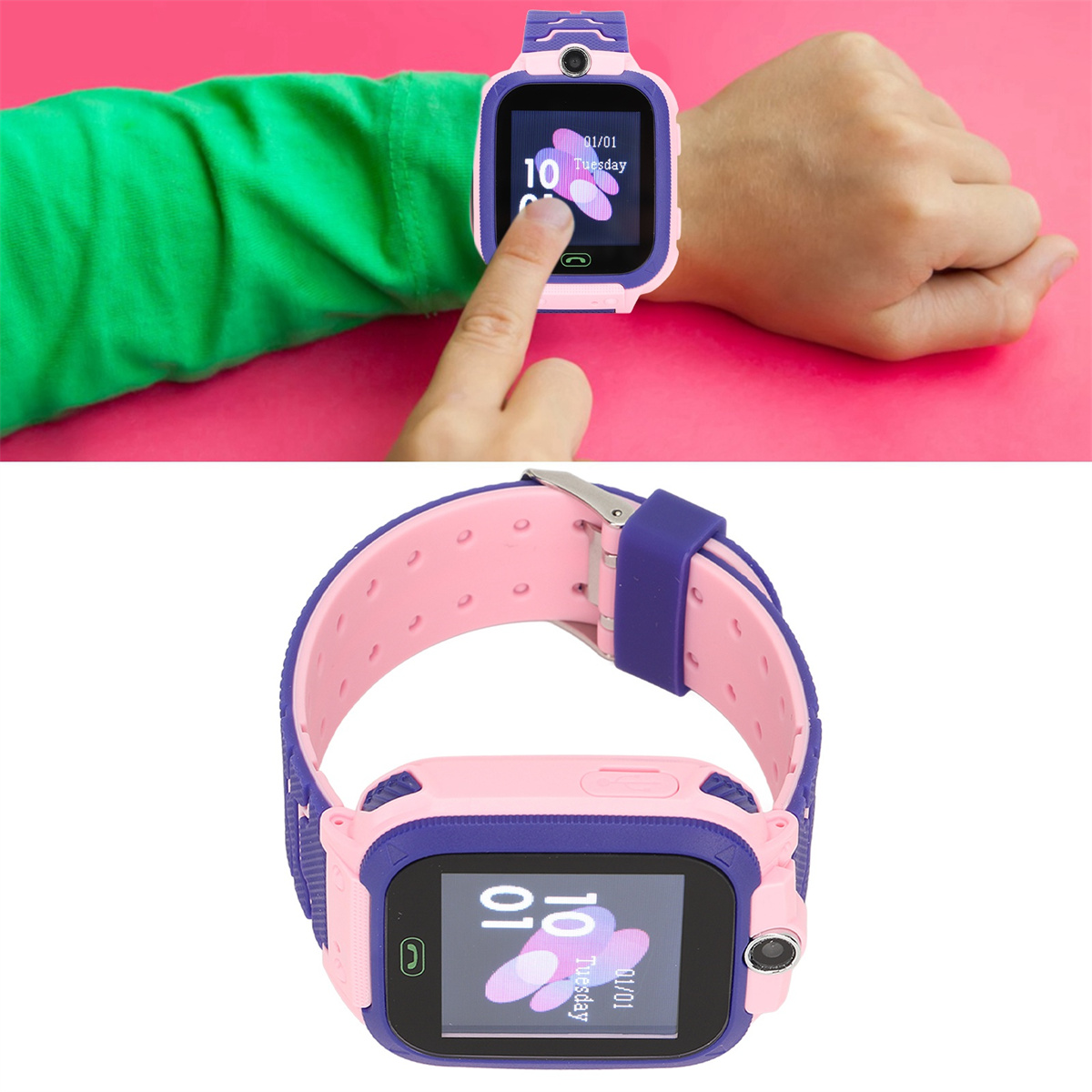 Ein Kinderhand, die eine rosa-lila Smartwatch trägt. Die Uhr zeigt Zeit und Datum an. Der Finger des Kindes berührt den Bildschirm.