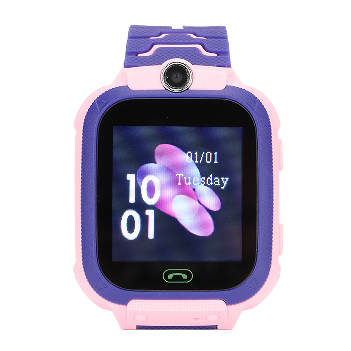 Rosa-lila Smartwatch mit schwarzem Bildschirm, der Datum und Uhrzeit anzeigt. Sie hat eine Kamera und ein grünes Telefonsymbol.