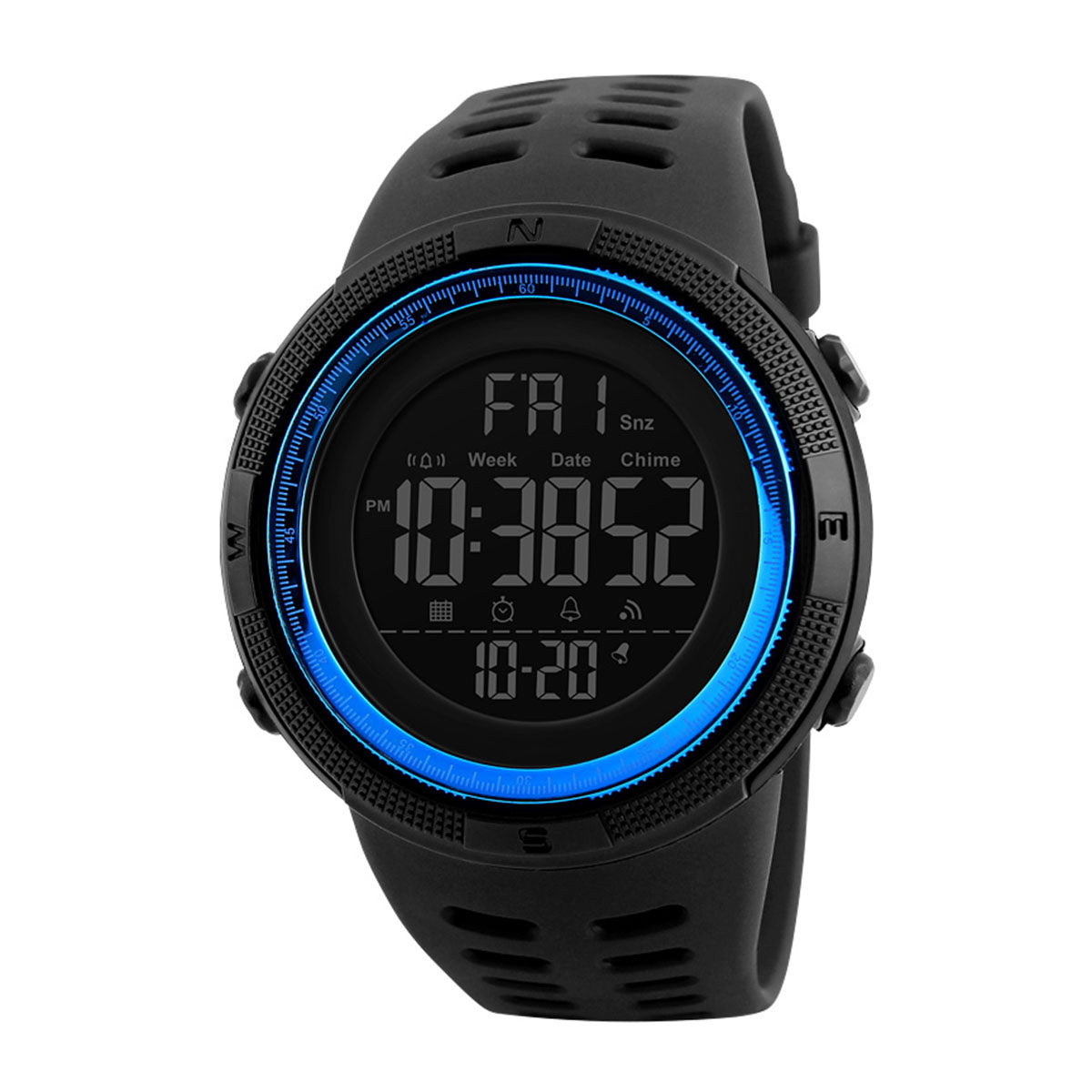 Schwarze Digitaluhr mit blauen Akzenten. Zeigt Zeit, Datum und Wochentag an. Mit Knöpfen und schwarzem Armband.