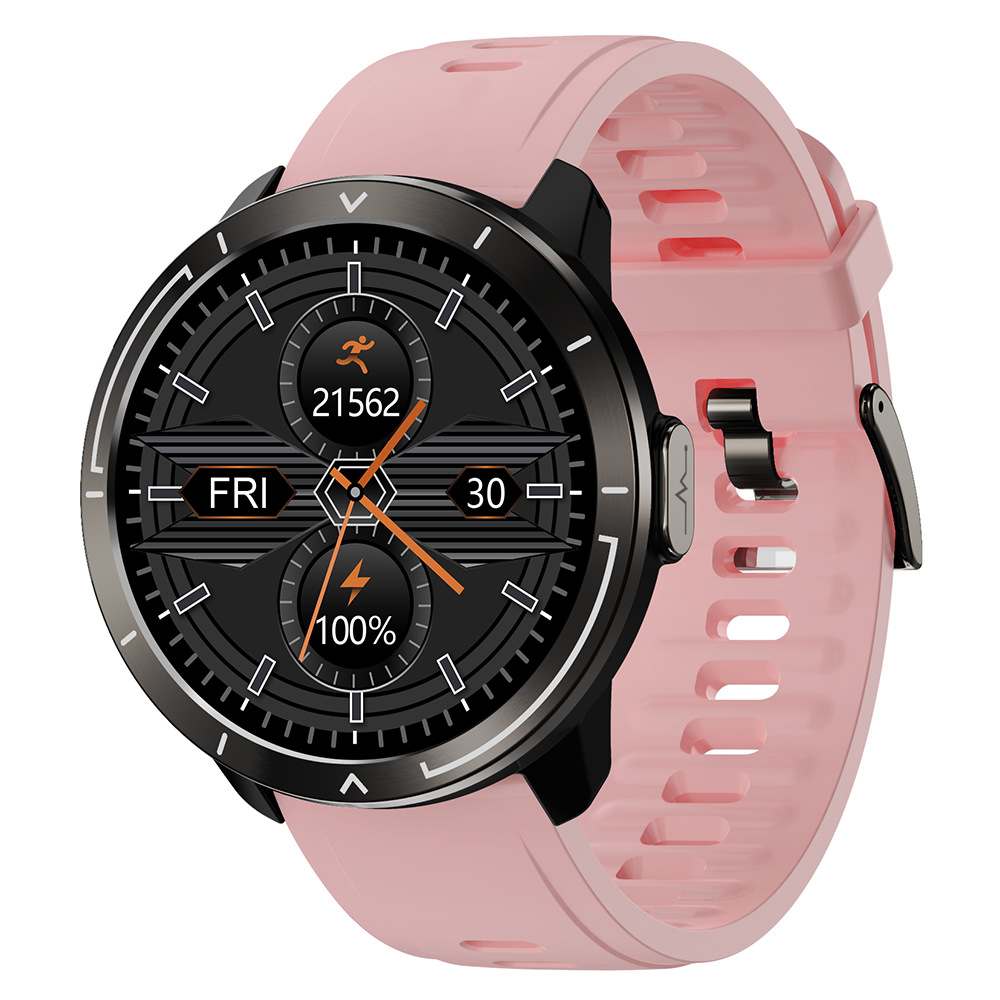 Eine rosa Smartwatch mit schwarzem Zifferblatt und schwarzer Lünette. Das Zifferblatt zeigt Zeit, Datum und Aktivitätsdaten an.