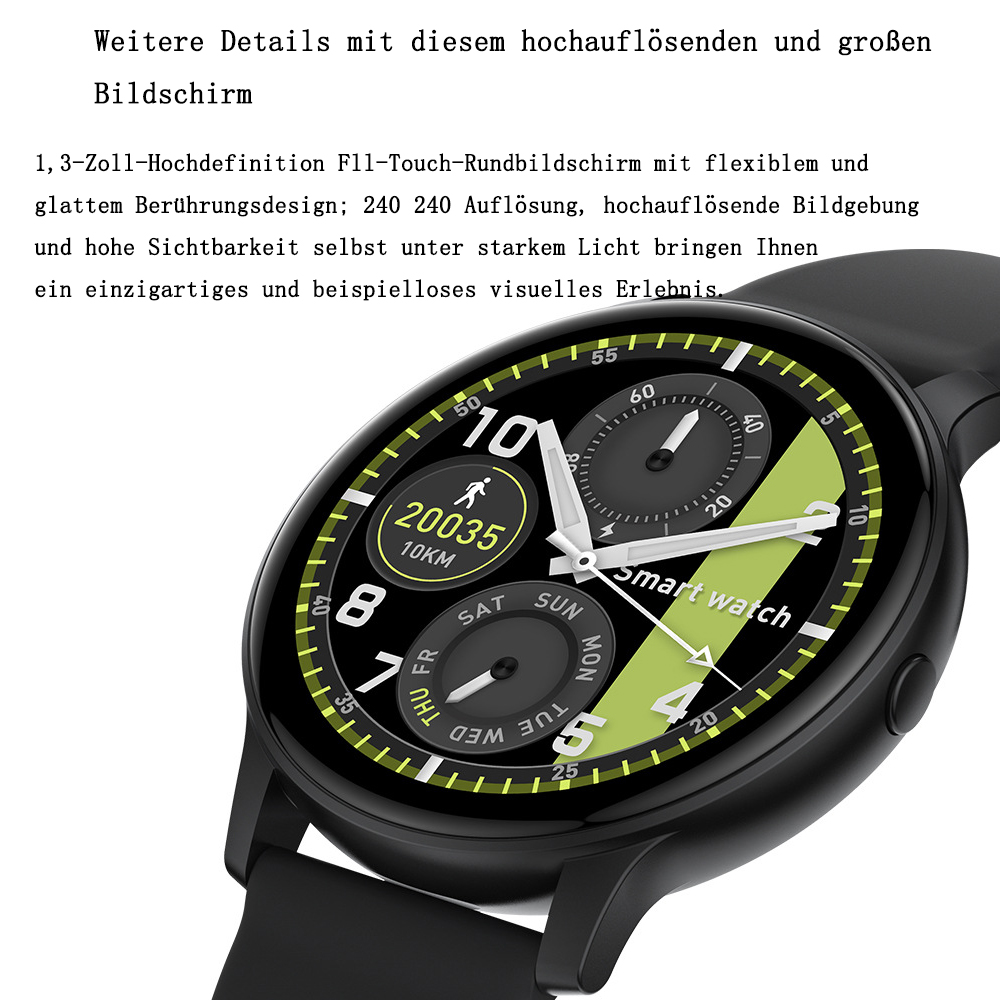 Schwarze Smartwatch mit rundem Zifferblatt, das Zeit, Schritte und Tag anzeigt. Grüne und weiße Details sind sichtbar. Das Armband ist schwarz.