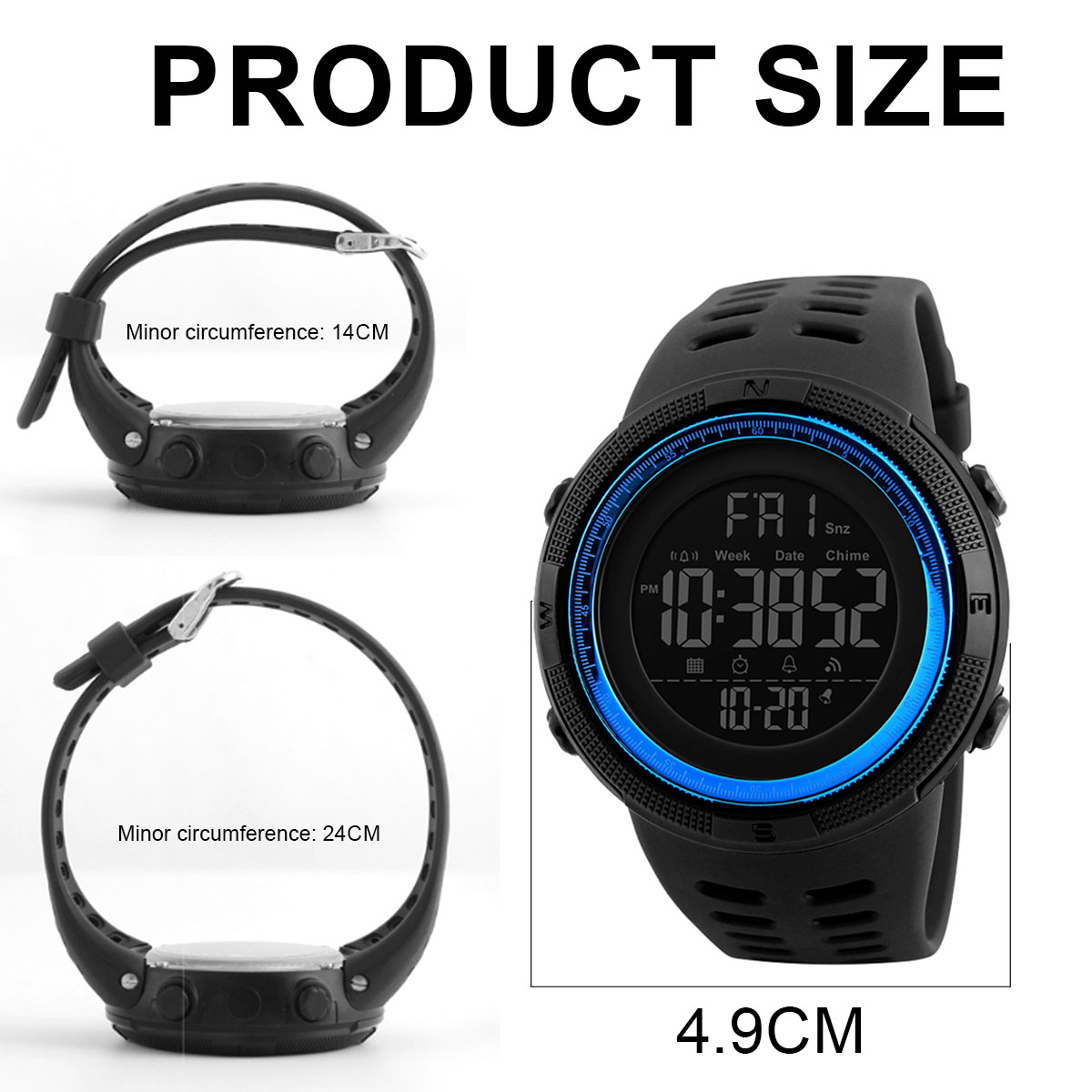 Schwarze Digitaluhr mit blauen Akzenten. Zeigt Zeit und Datum an. Zwei kleinere Armbänder zeigen einen Umfang von 14 cm und 24 cm.