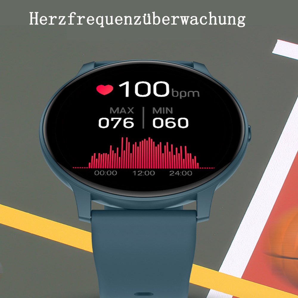 Eine blaue Smartwatch zeigt die Herzfrequenz von 100 bpm mit einem Diagramm an. Der Bildschirm zeigt MAX 076 und MIN 060. Die Uhr befindet sich auf einem strukturierten Hintergrund.