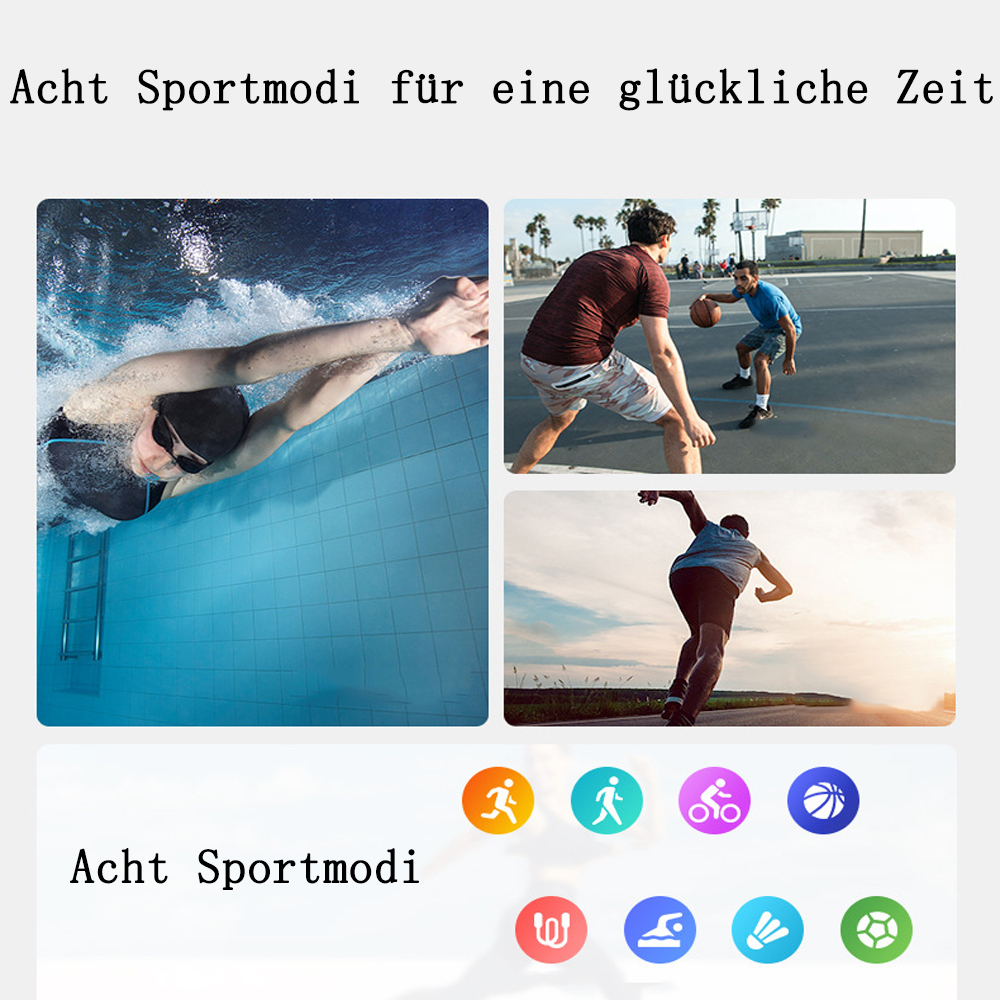 Das Bild zeigt Menschen beim Sport: Schwimmen, Basketball und Laufen. Es gibt auch Symbole, die verschiedene Sportarten darstellen.