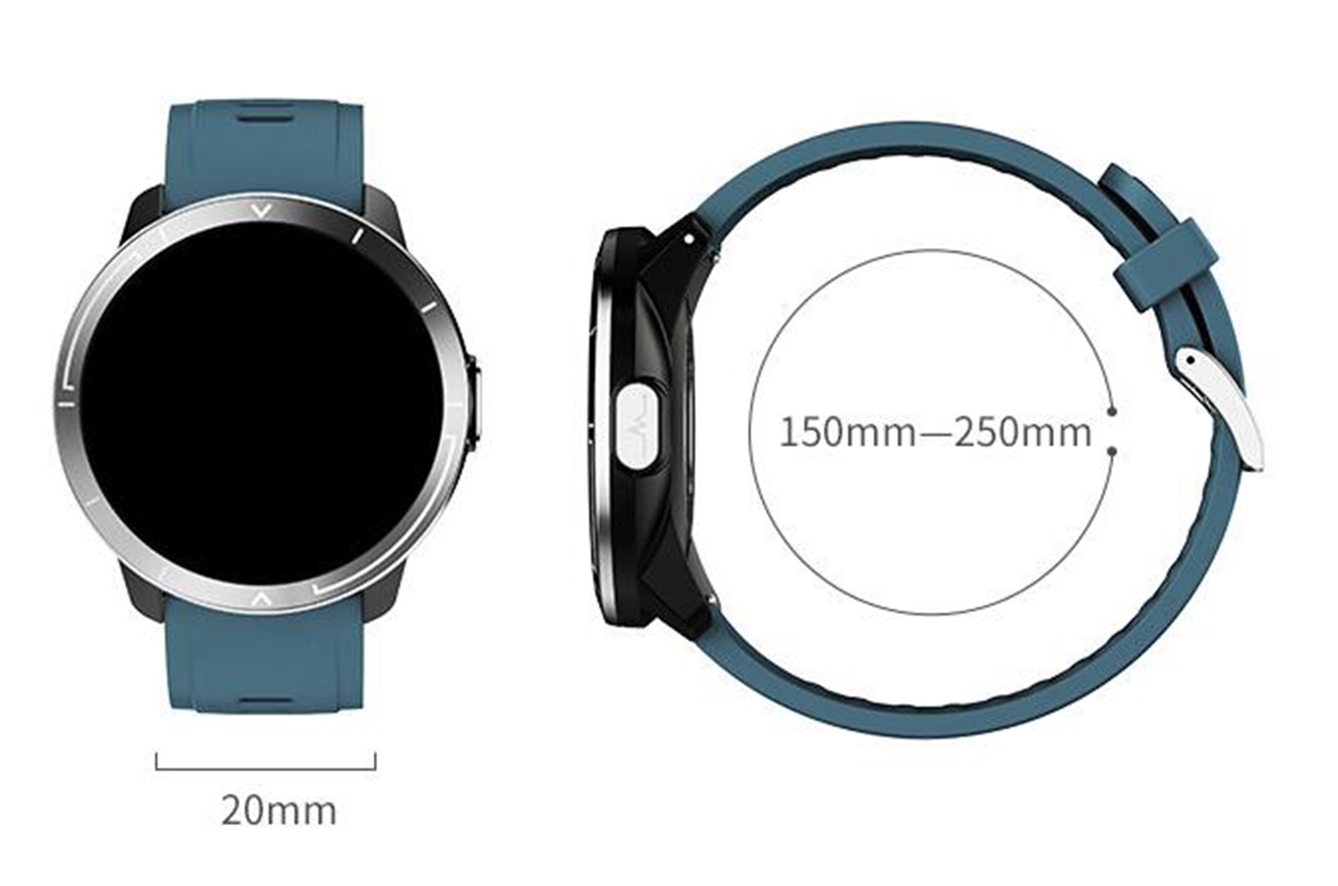 Eine Smartwatch mit schwarzem Bildschirm und blauen Armbändern. Seitenansicht zeigt Bandgröße. Abmessungen werden angezeigt. Weißer Hintergrund.