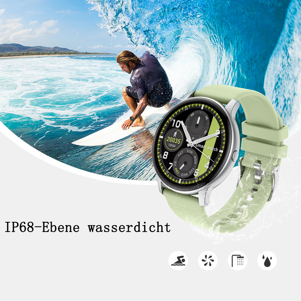 Ein Surfer reitet auf einer Welle. Eine Smartwatch mit grünem Armband ist im Vordergrund. Die Uhr zeigt Daten an.