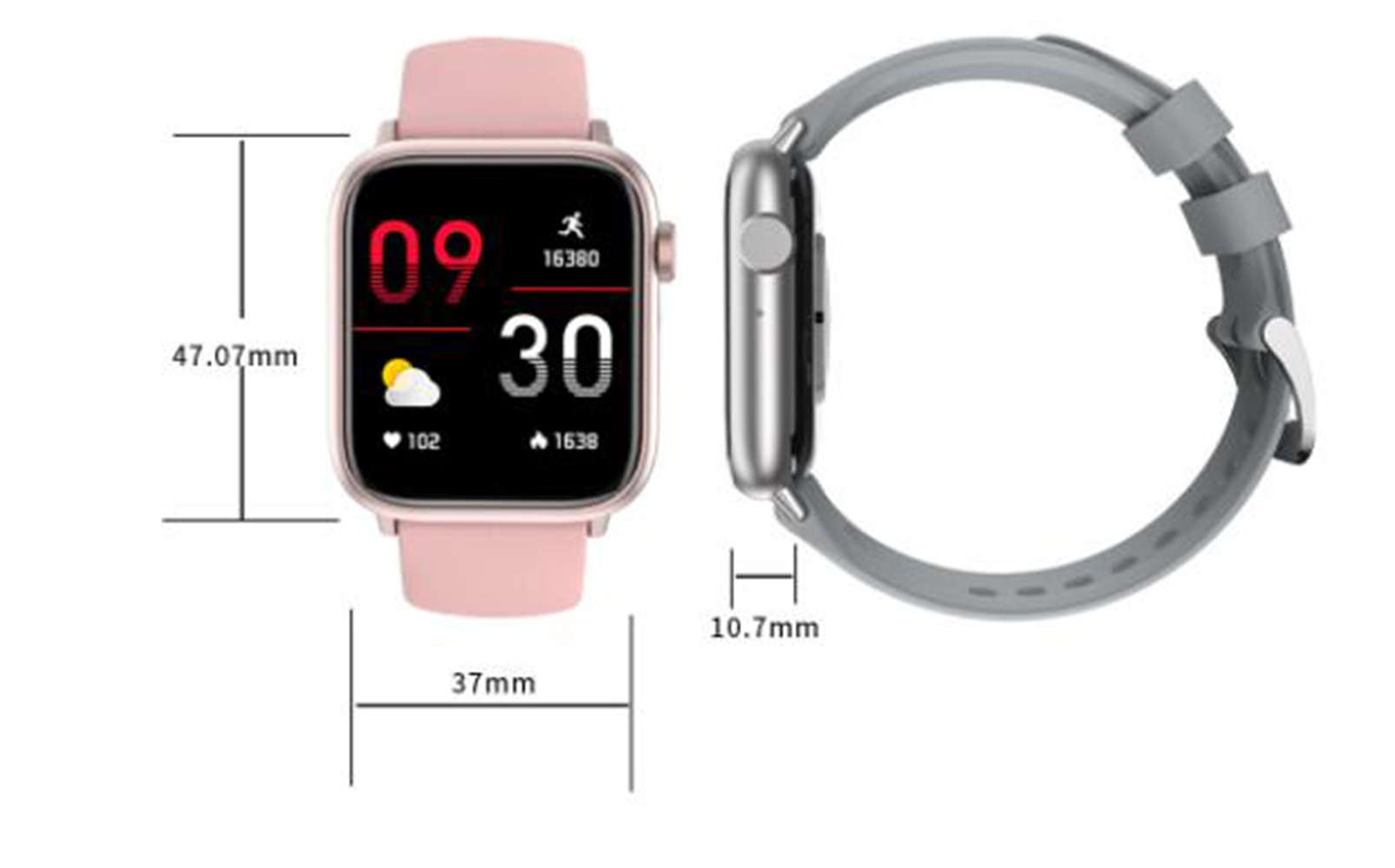 Eine Smartwatch mit rosa Armband und schwarzem Bildschirm, der Uhrzeit und Gesundheitsmetriken anzeigt. Daneben liegt ein graues Band.