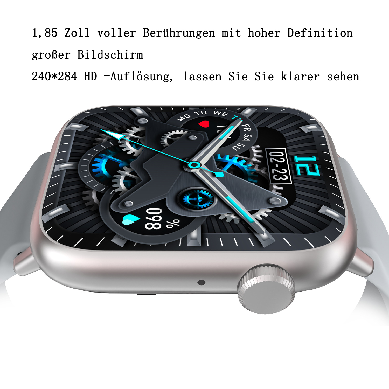 Eine Smartwatch mit quadratischem Bildschirm. Das Zifferblatt zeigt Uhrzeit, Datum und Gesundheitsmetriken an. Sie hat ein silbernes Gehäuse und ein graues Armband.