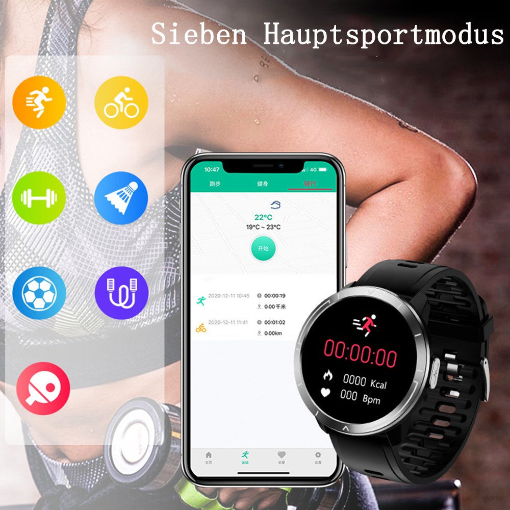 Eine Smartwatch zeigt Trainingsdaten an, und ein Smartphone zeigt Übungsoptionen. Der Hintergrund zeigt den Arm einer Person.