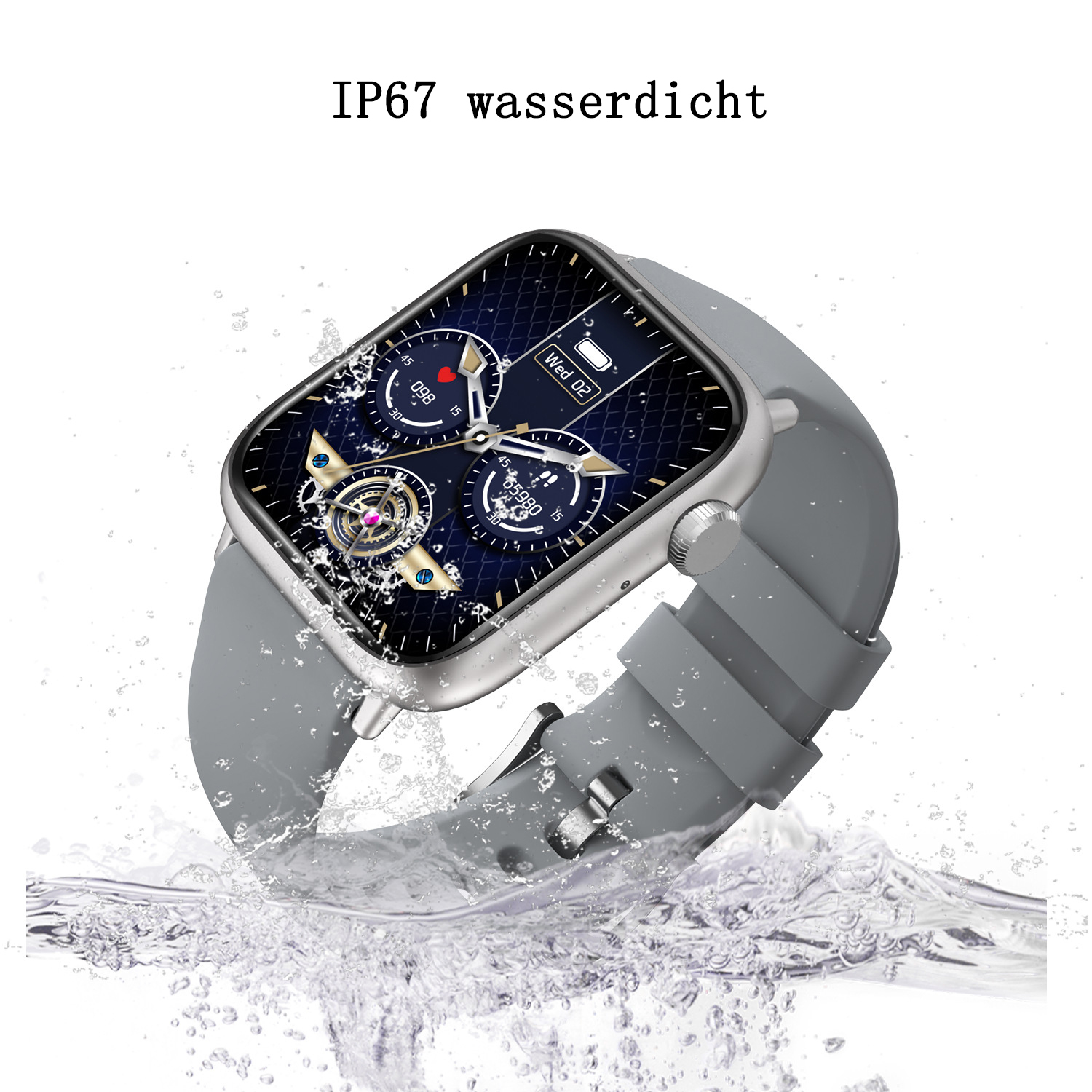 Eine silberne Smartwatch mit grauem Armband ist in Wasser getaucht. Das Zifferblatt zeigt Daten. Wasser spritzt um die Uhr.