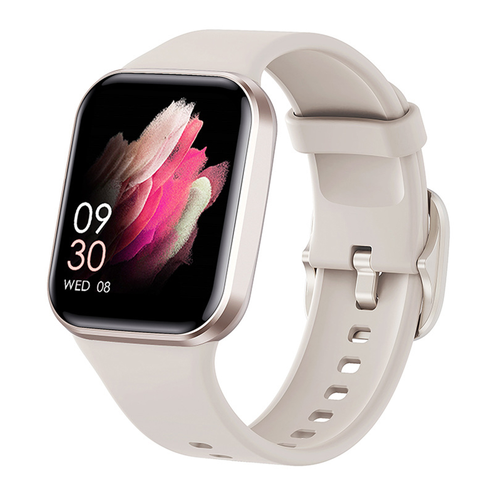 Eine beige Smartwatch auf weißem Hintergrund. Das Ziffernblatt zeigt die Zeit 09:30 Uhr an. Das Armband ist beige mit einer silbernen Schnalle.